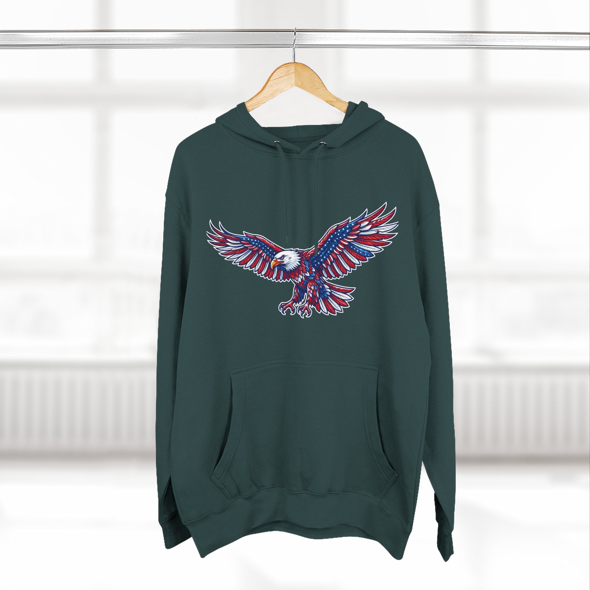 Eagle Flight Hoodie — Patriotic Red & Blue Soaring Eagle Graphic