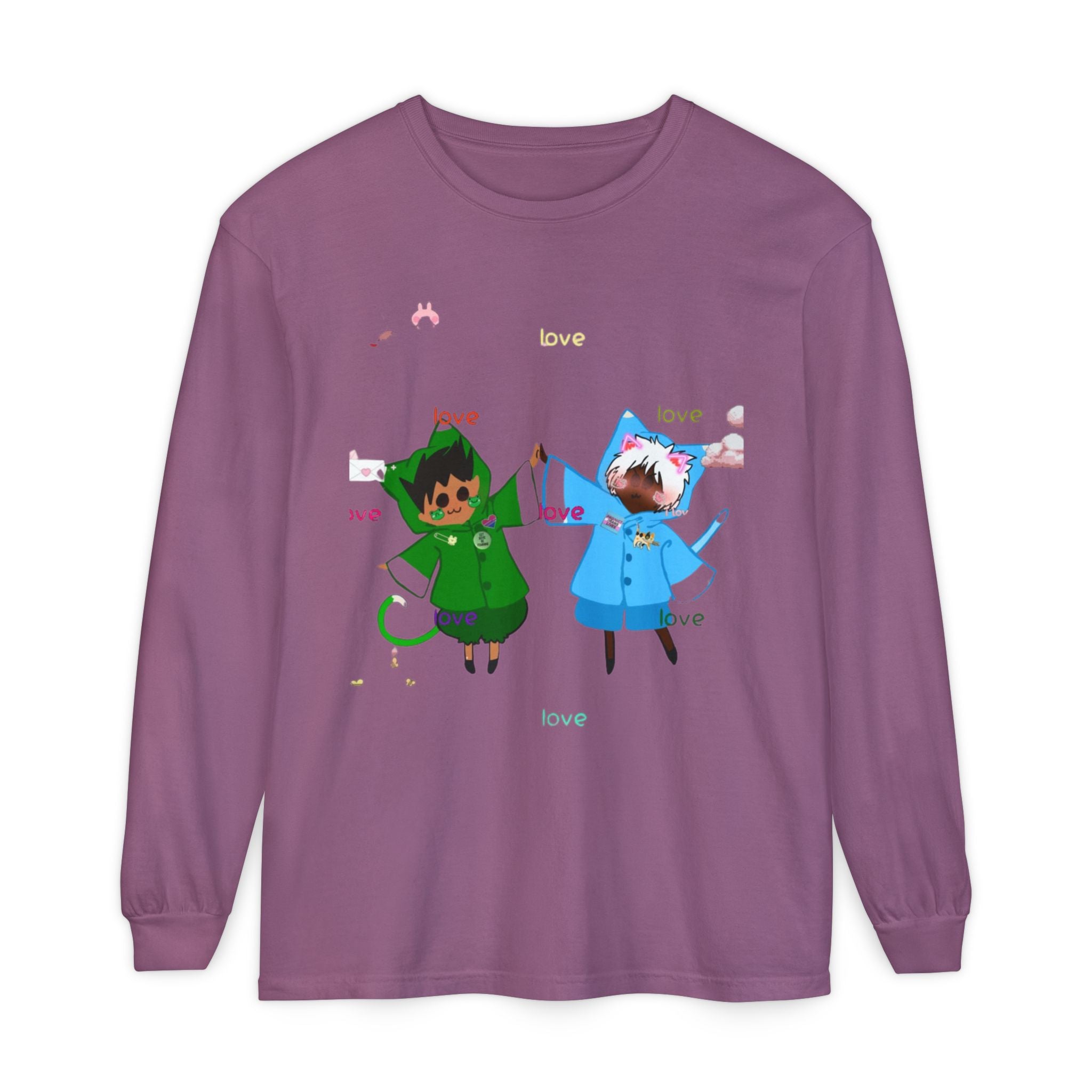 Cute Rainbow Cats Holding Hands Long Sleeve Tee – "Love" Graphic