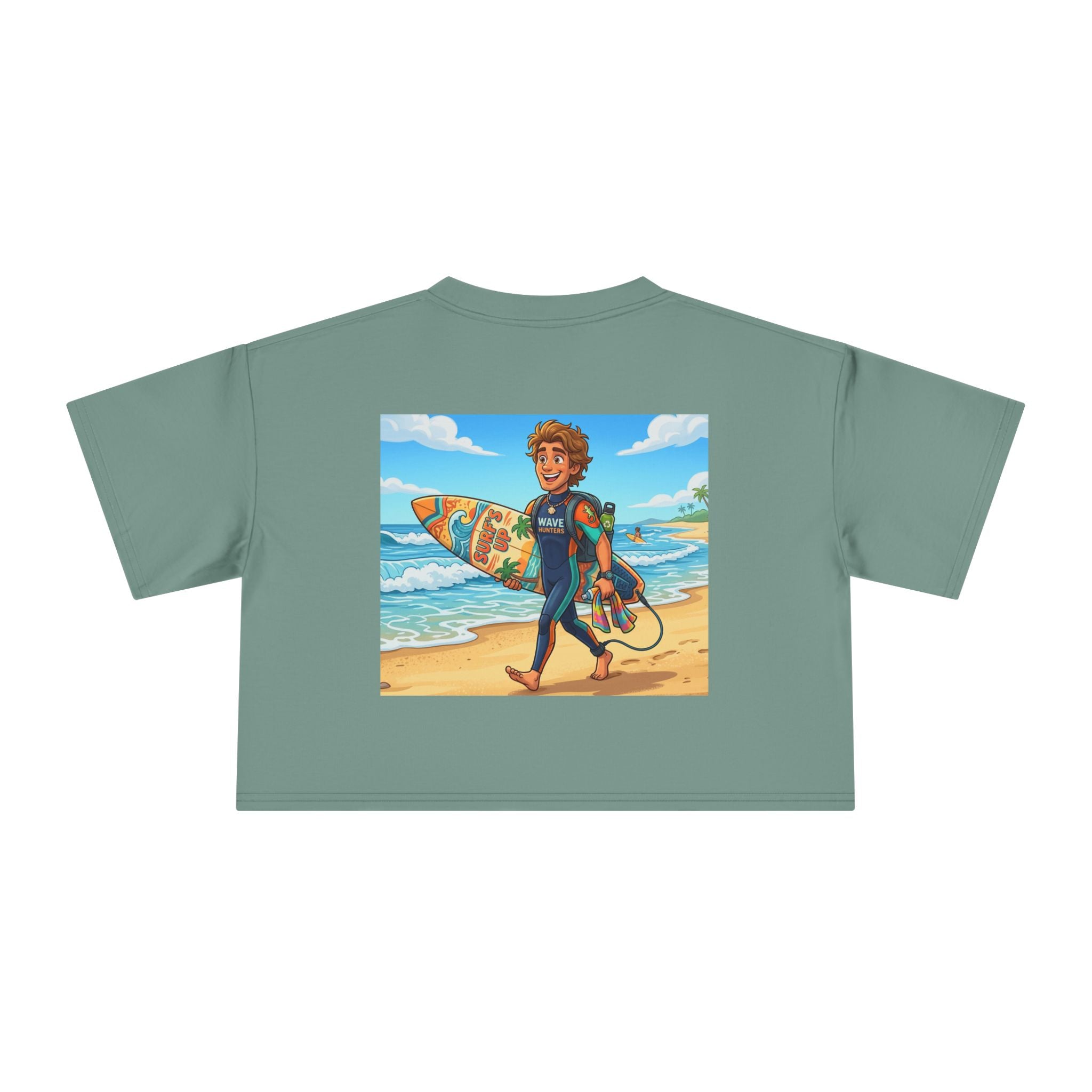 Surf Girl Crop Tee — Colorful Cartoon Surfer Beach Graphic