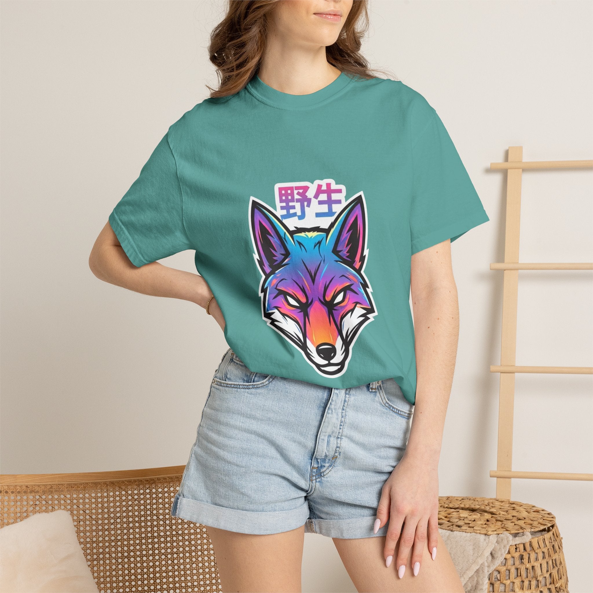 Neon Fox Graphic T-Shirt — Wild (野生) Japanese Kanji Tee