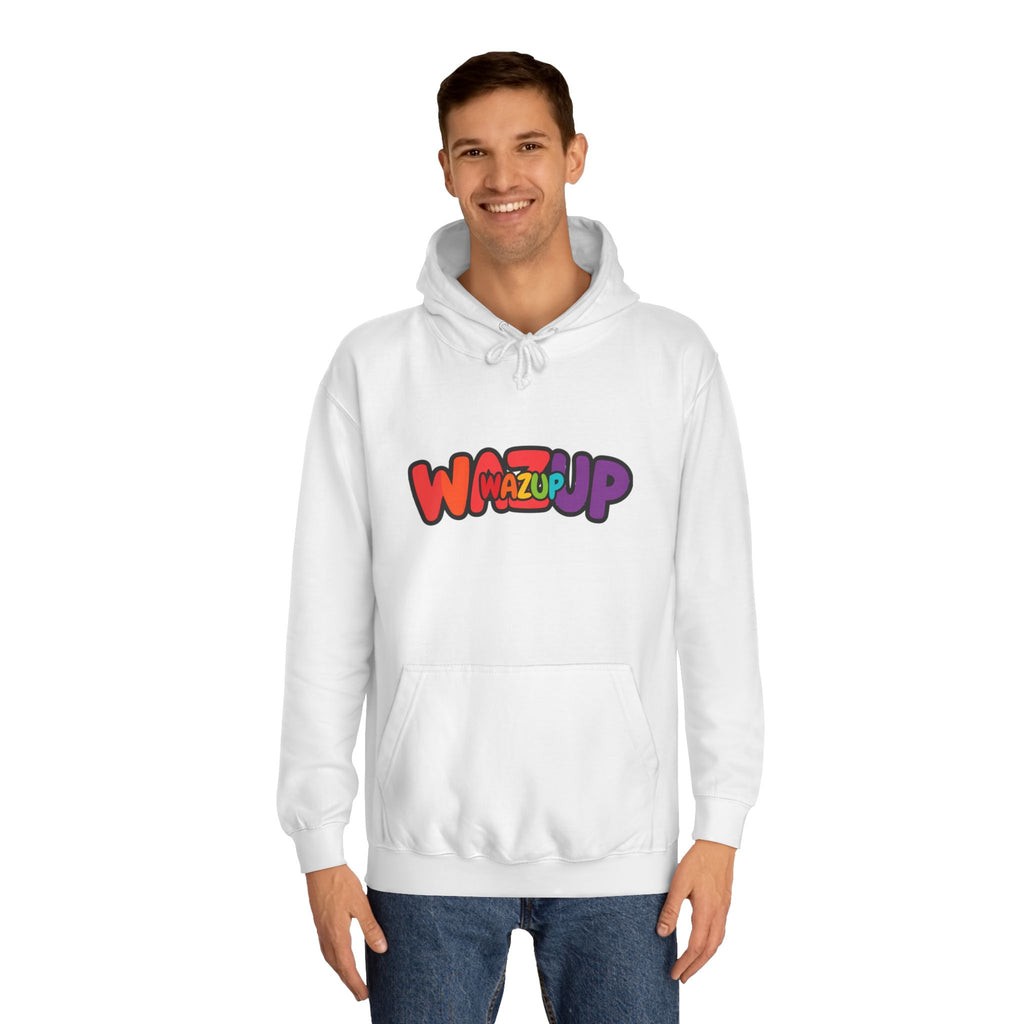 Wazup Colorburst Hoodie — Retro Bubble Letter Graphic Hooded Sweatshirt