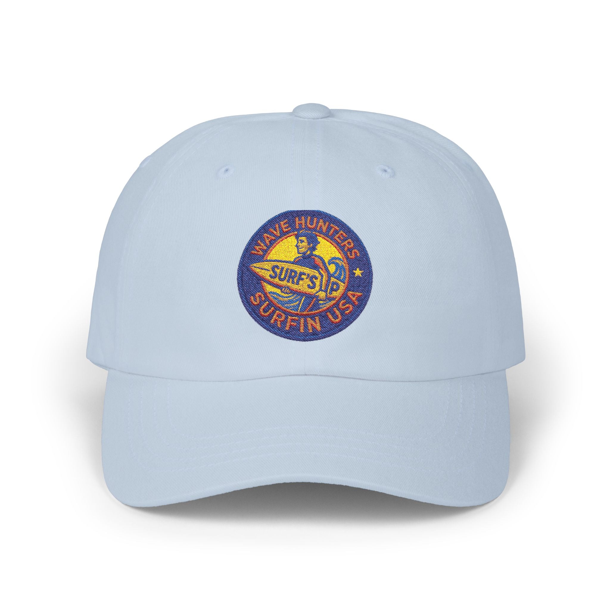 Dad Cap — Retro Surf Patch “Wave Hunter Surfin USA” Embroidered Baseball Hat
