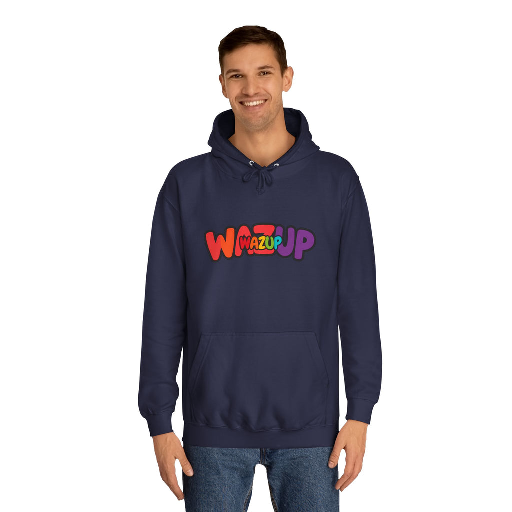 Wazup Colorburst Hoodie — Retro Bubble Letter Graphic Hooded Sweatshirt