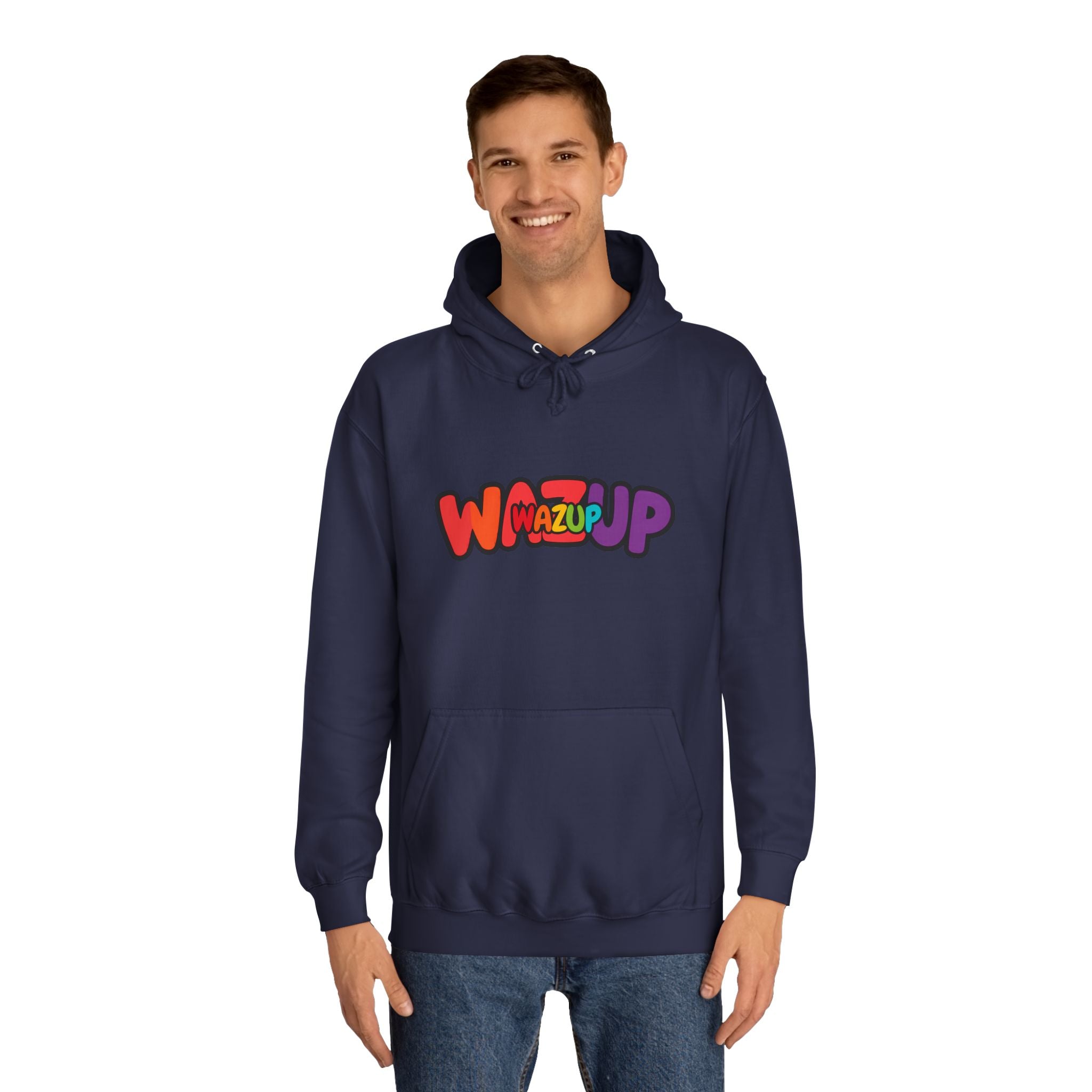 Wazup Colorburst Hoodie — Retro Bubble Letter Graphic Hooded Sweatshirt