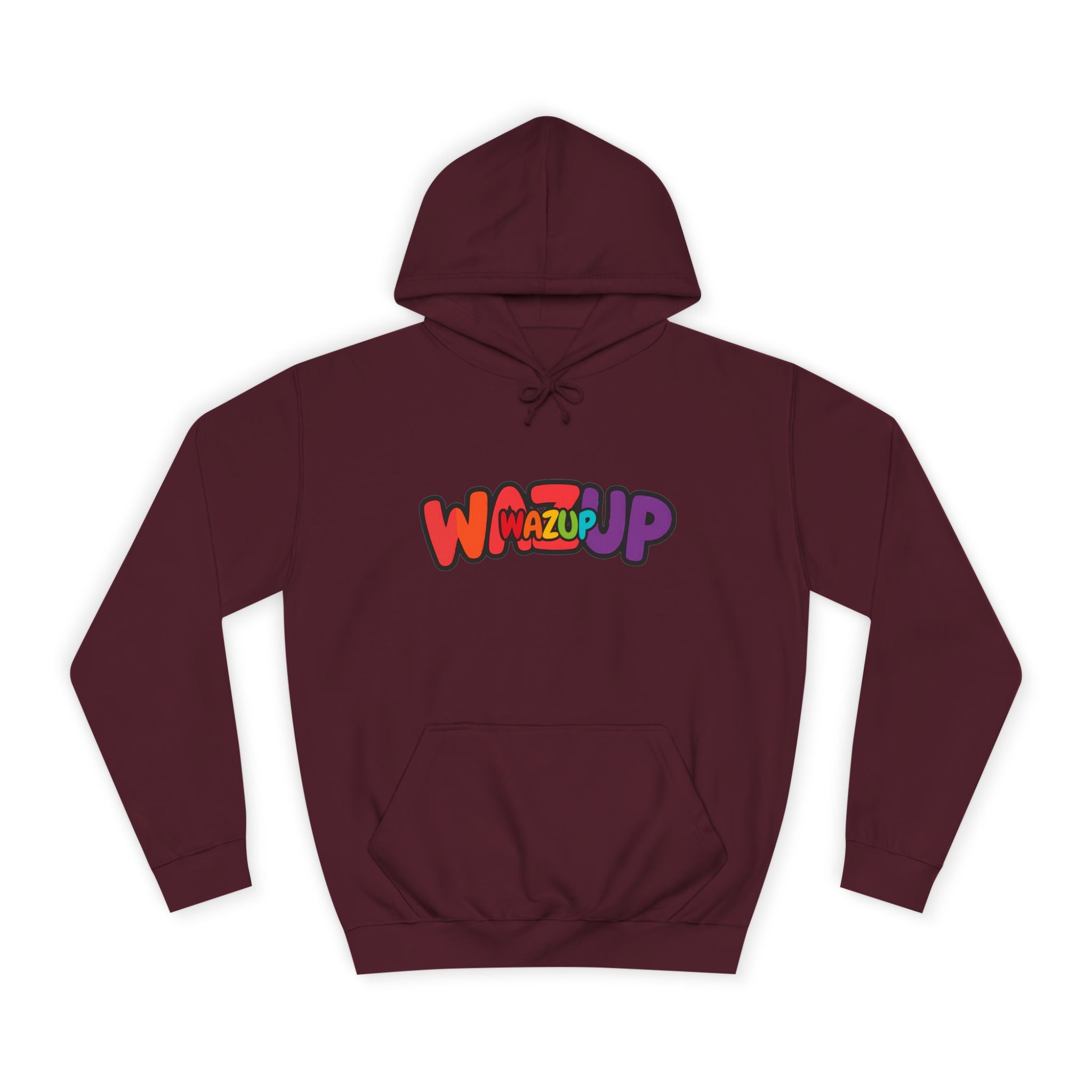 Wazup Colorburst Hoodie — Retro Bubble Letter Graphic Hooded Sweatshirt
