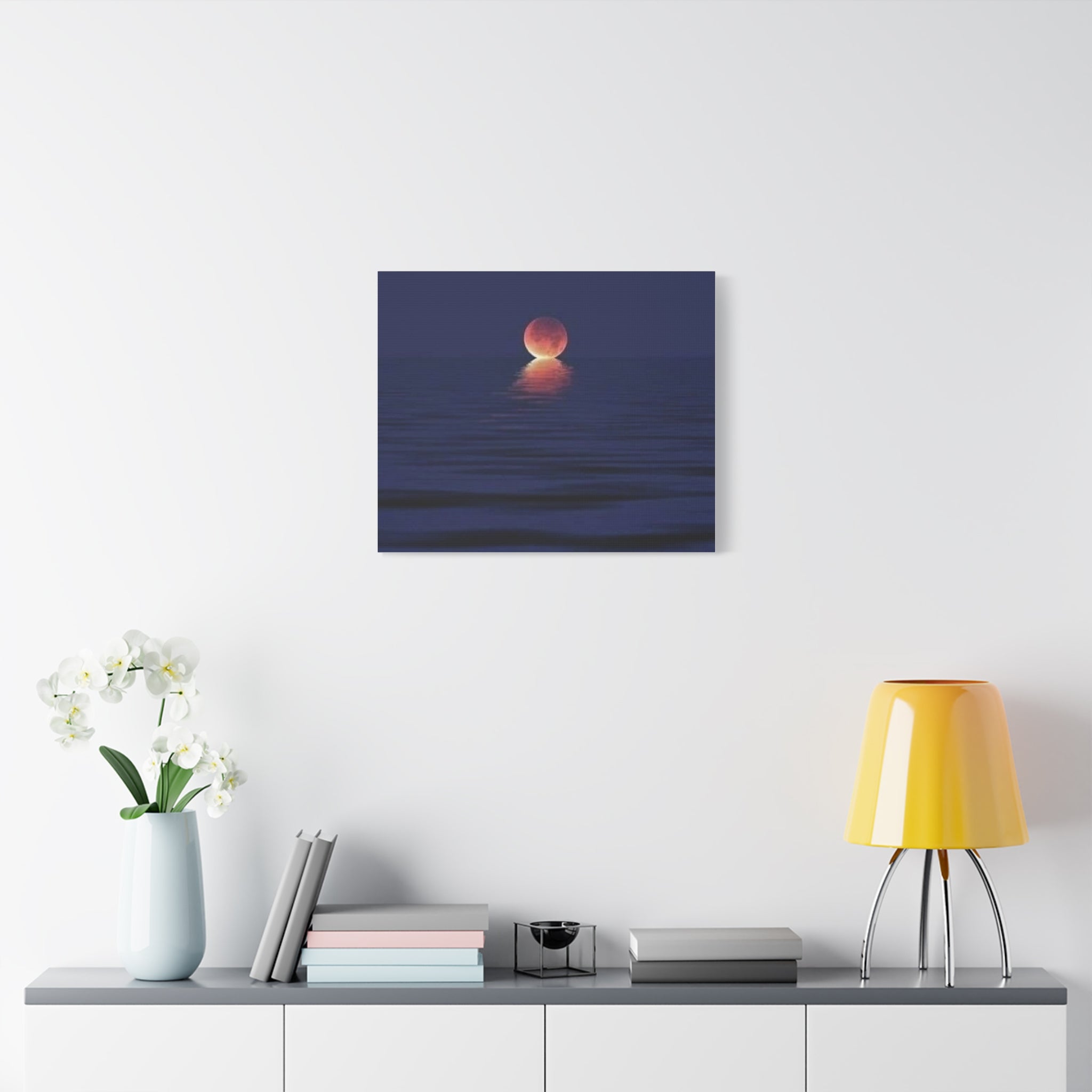 Lunar Reflection Canvas Art — Moonrise Over Calm Sea Stretched Matte Wall Art