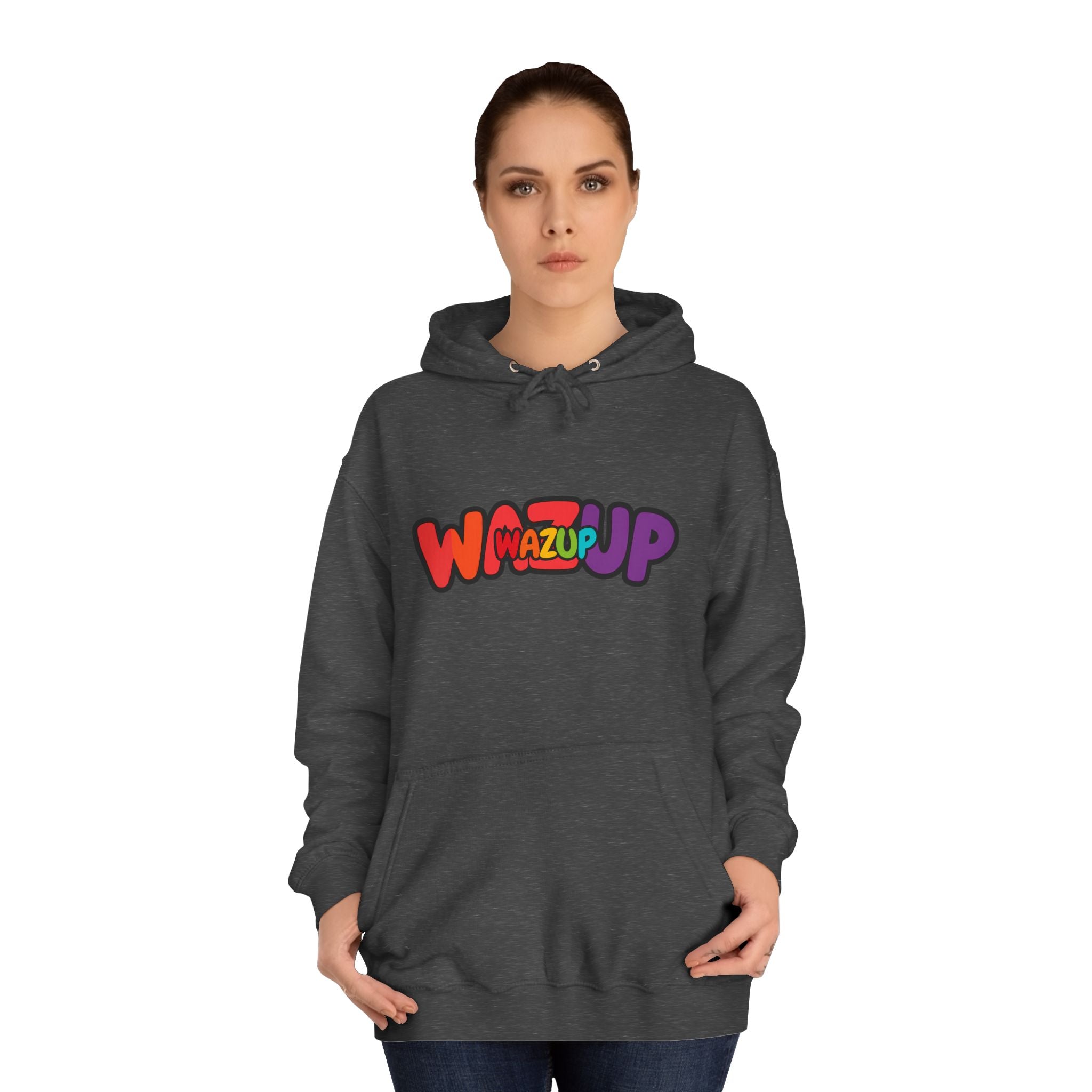 Wazup Colorburst Hoodie — Retro Bubble Letter Graphic Hooded Sweatshirt