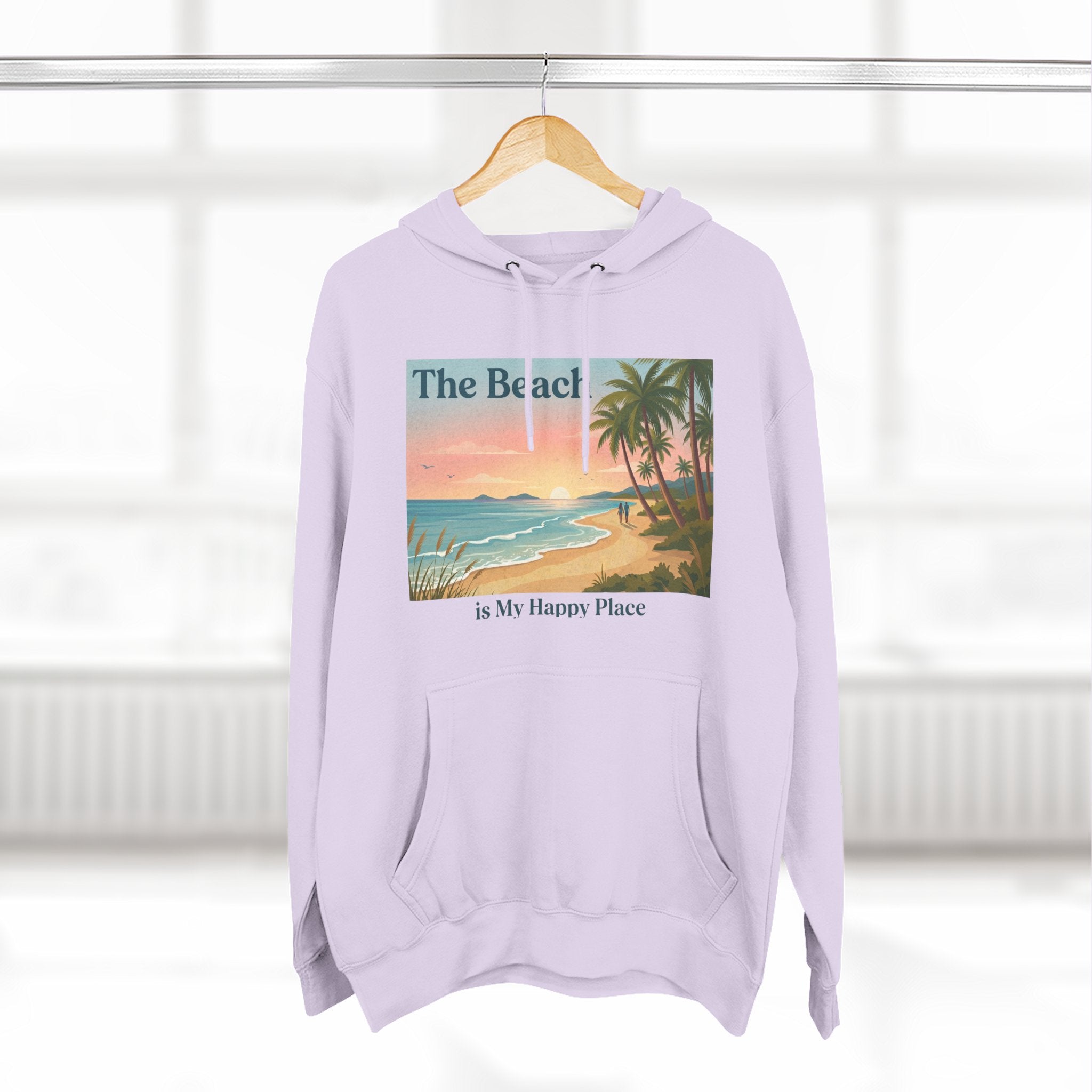 Beach Sunset Hoodie – "The Beach is My Happy Place" Coastal Palm Pullover