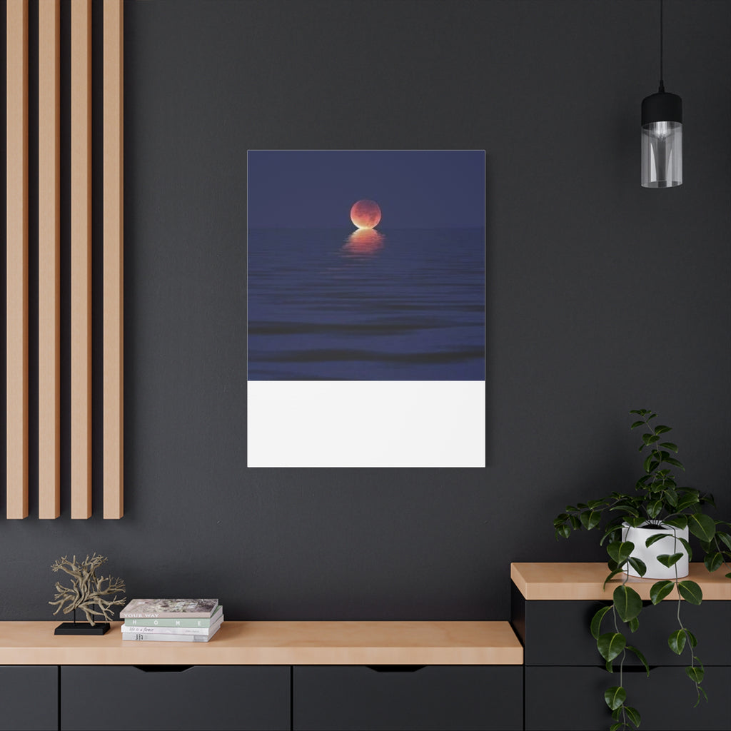 Lunar Reflection Canvas Art — Moonrise Over Calm Sea Stretched Matte Wall Art