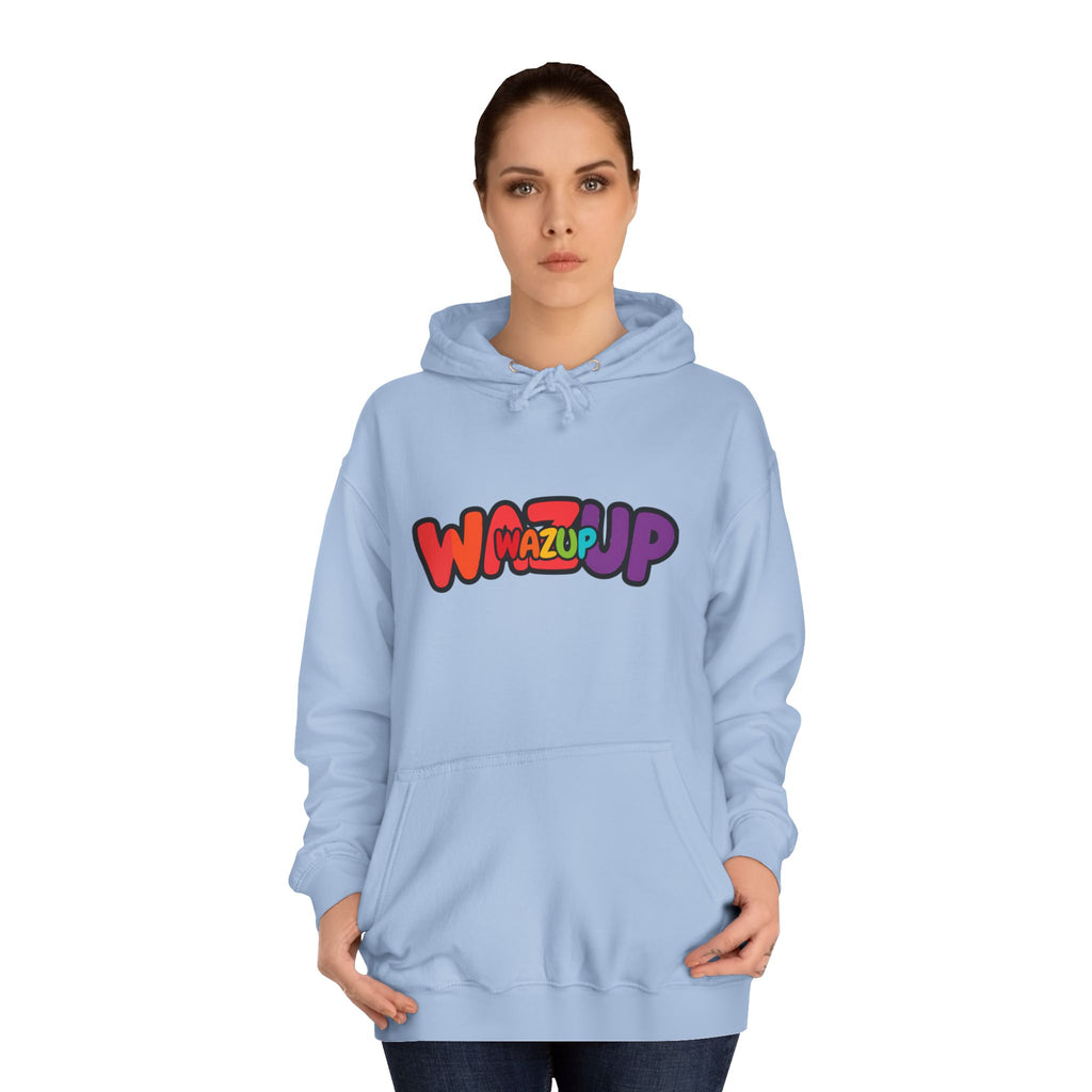 Wazup Colorburst Hoodie — Retro Bubble Letter Graphic Hooded Sweatshirt