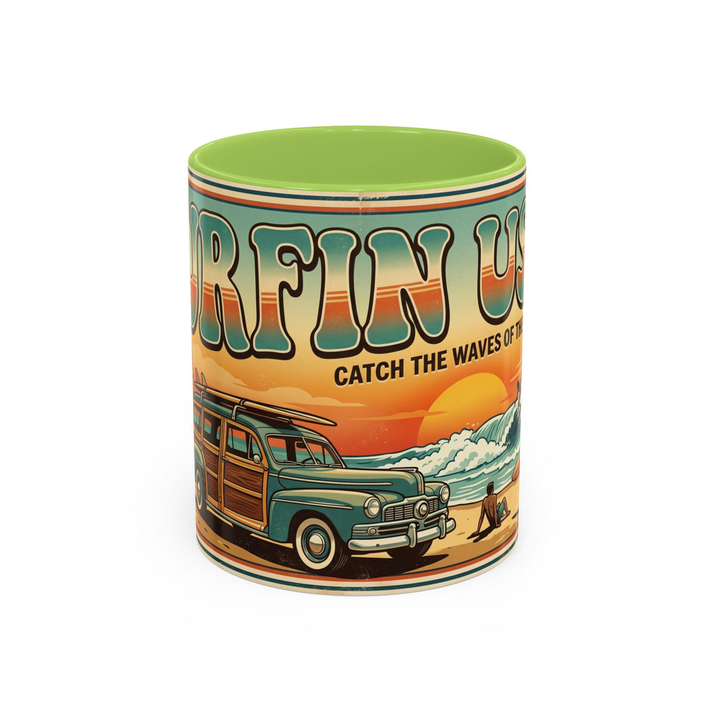 Surfing USA Coffee Mug — Retro Beach Vintage Surfboard Sunset Design