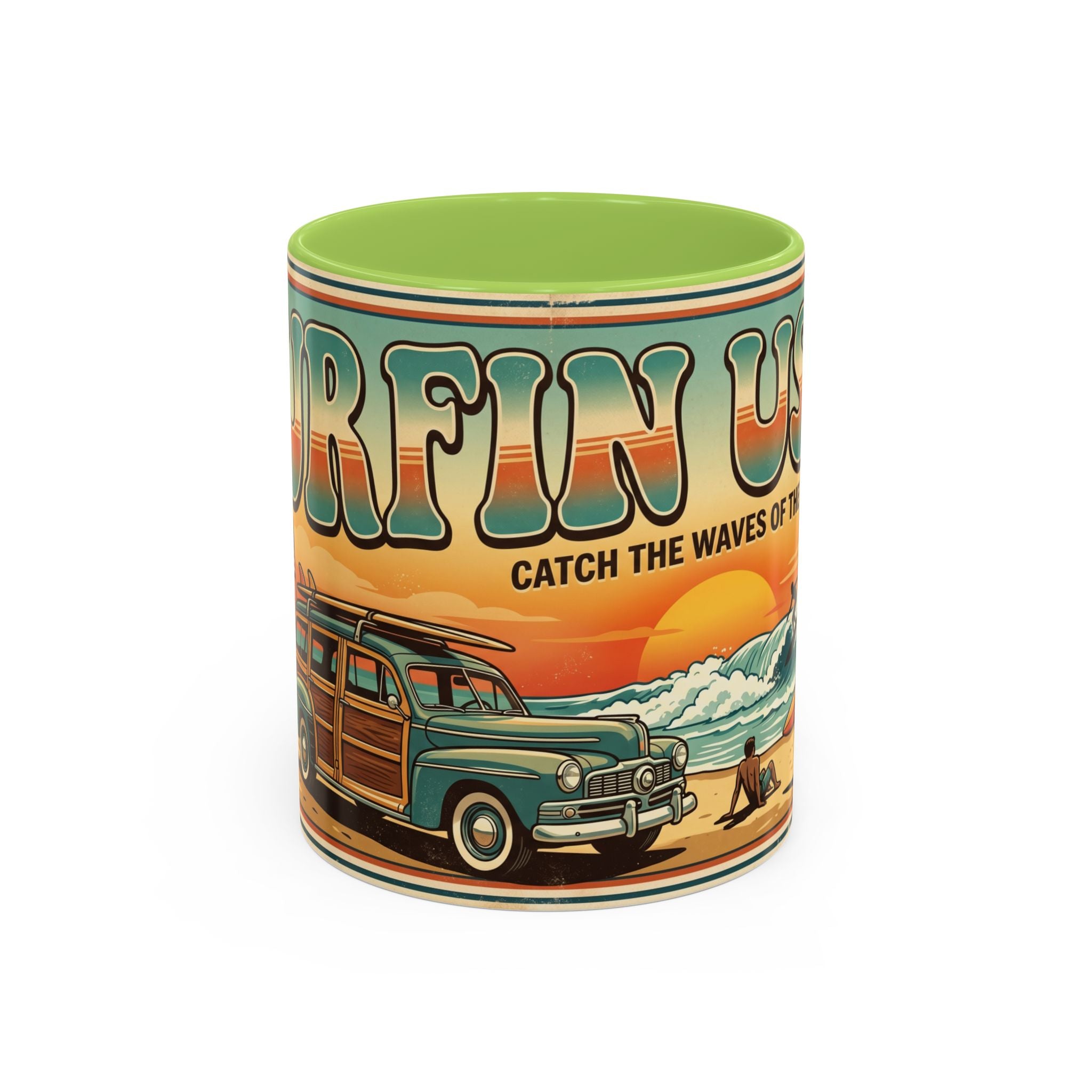 Surfing USA Coffee Mug — Retro Beach Vintage Surfboard Sunset Design