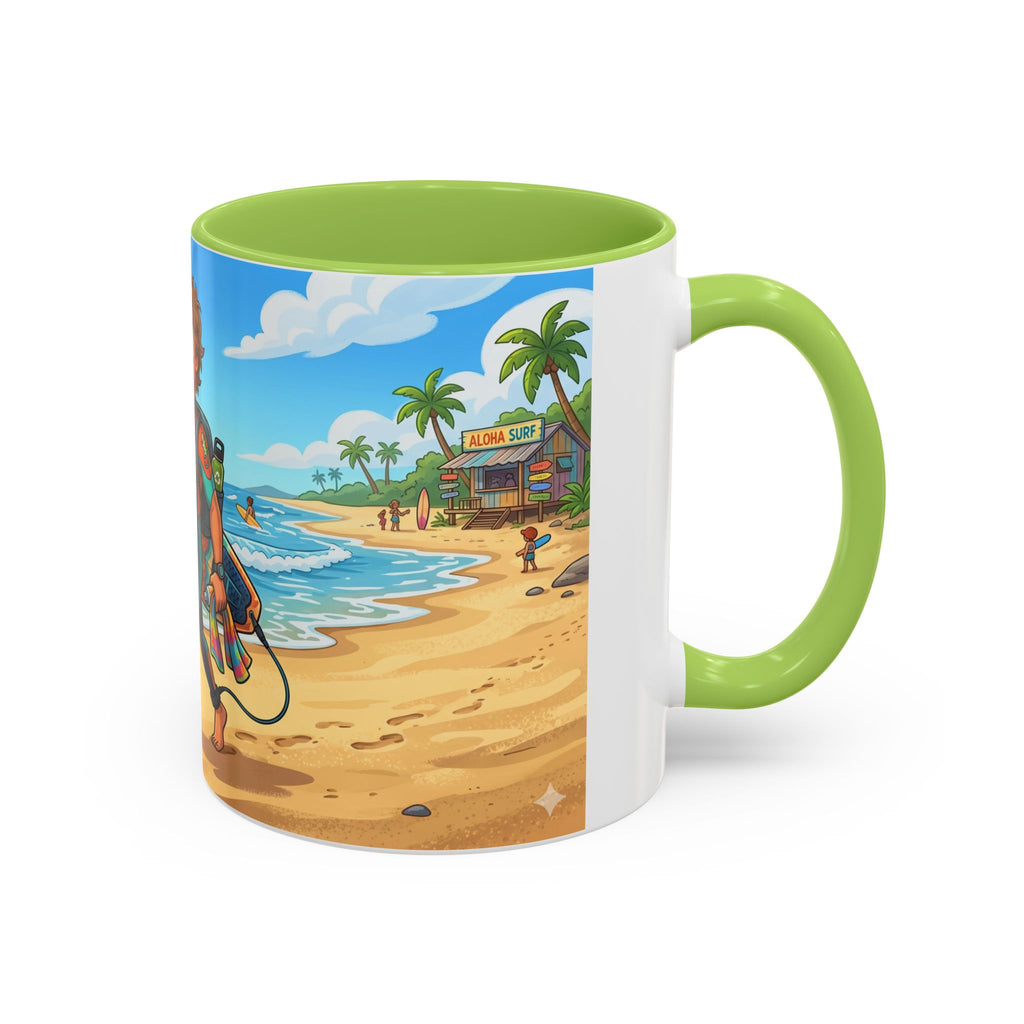 Surf Beach Coffee Mug — Cute Surfer Cartoon Design, 11/15oz Accent Mug