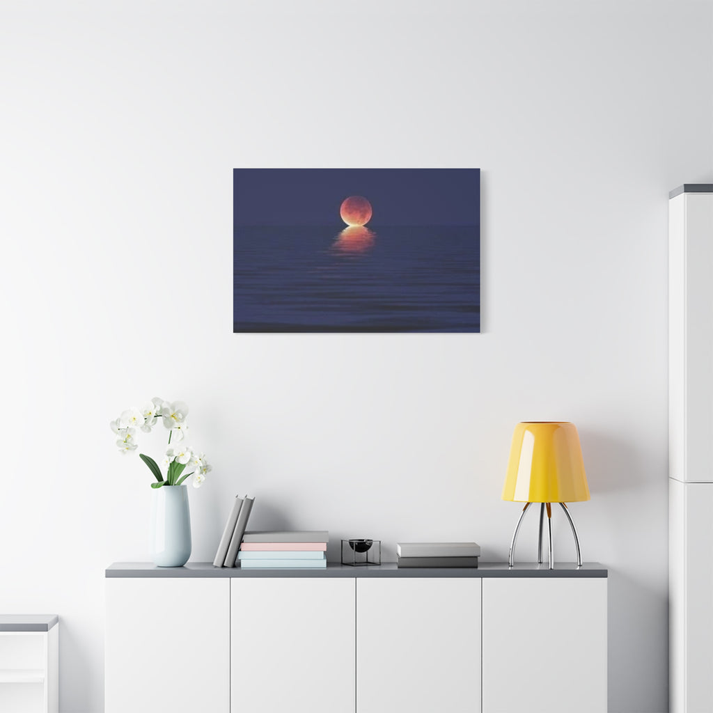 Lunar Reflection Canvas Art — Moonrise Over Calm Sea Stretched Matte Wall Art
