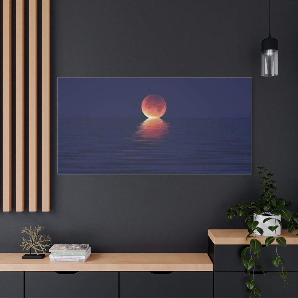 Lunar Reflection Canvas Art — Moonrise Over Calm Sea Stretched Matte Wall Art