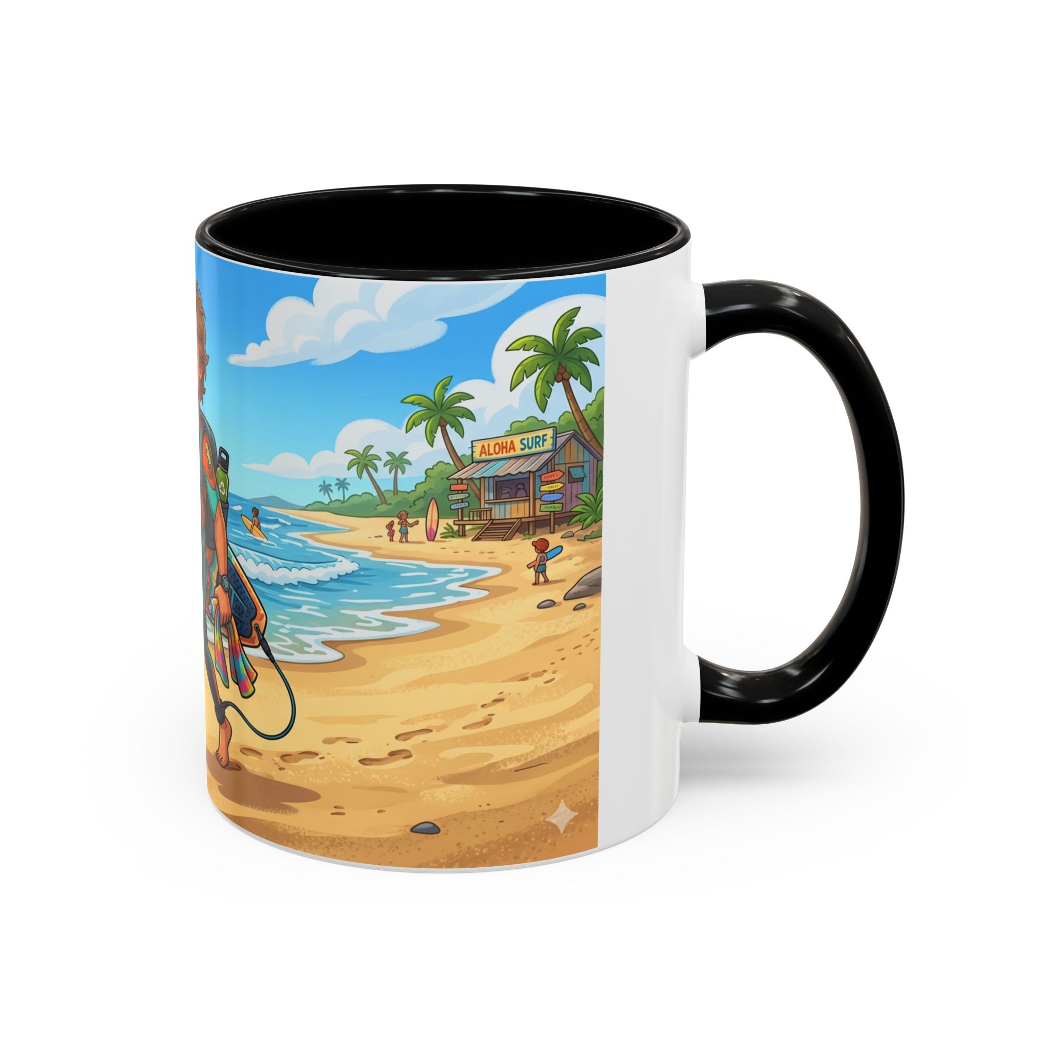 Surf Beach Coffee Mug — Cute Surfer Cartoon Design, 11/15oz Accent Mug