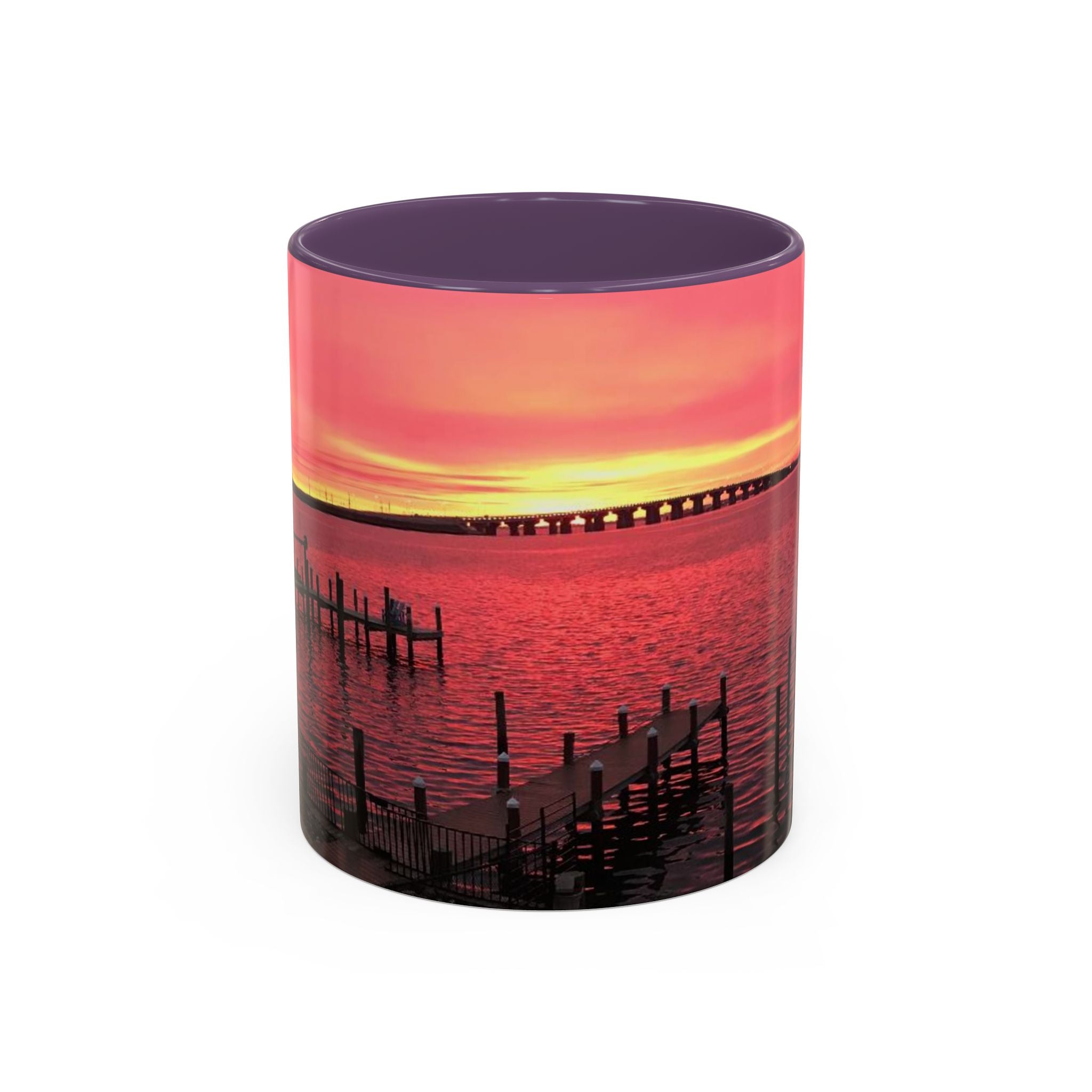Sunset Harbor Accent Coffee Mug — Pink Sunrise Dock Scene (11/15oz)