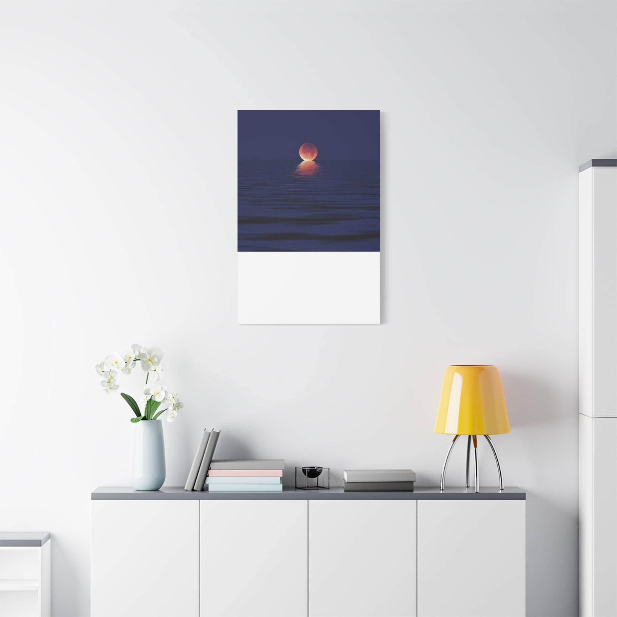 Lunar Reflection Canvas Art — Moonrise Over Calm Sea Stretched Matte Wall Art