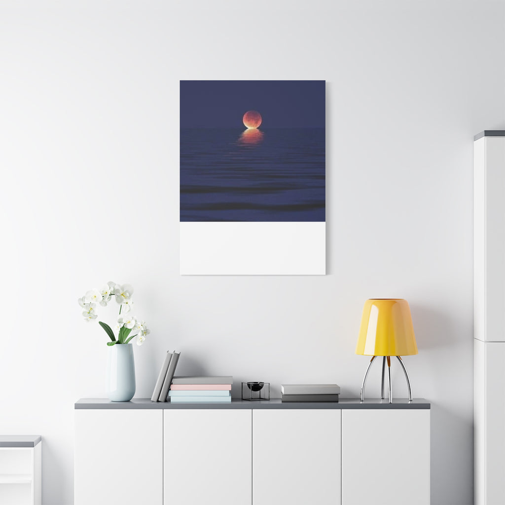 Lunar Reflection Canvas Art — Moonrise Over Calm Sea Stretched Matte Wall Art