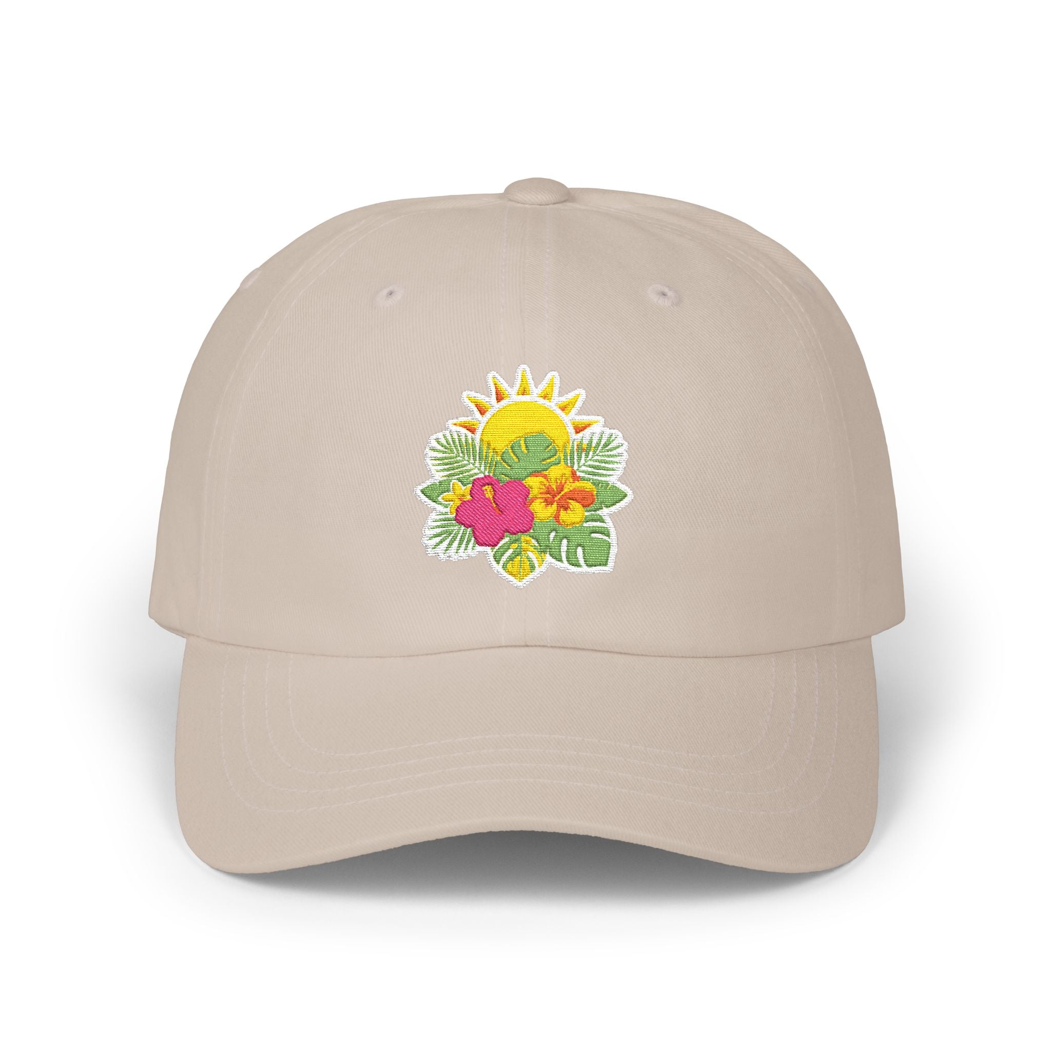 Floral Sunburst Dad Cap — Embroidered Sun & Hibiscus Baseball Hat