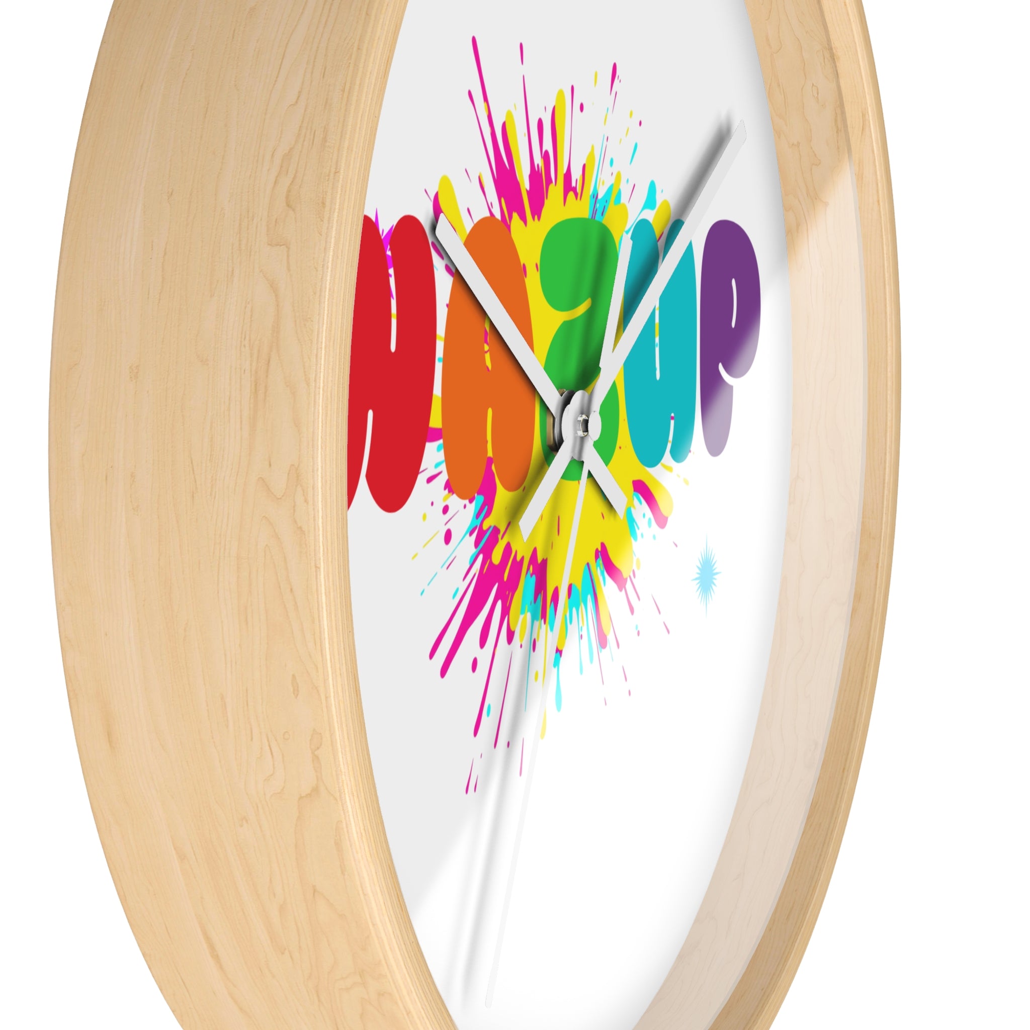 Wake Up Color Splash Wall Clock — Vibrant Rainbow Typography Home Decor