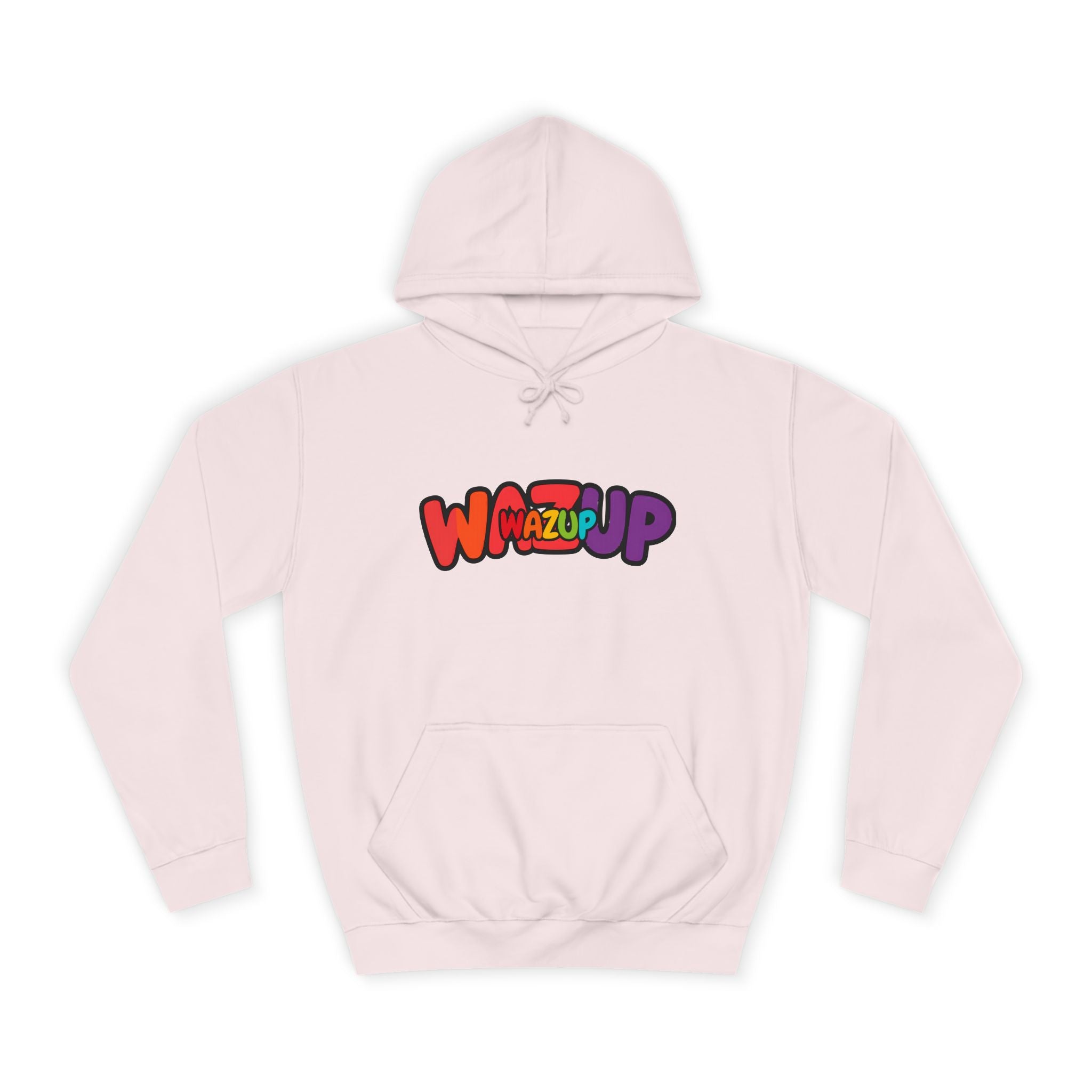 Wazup Colorburst Hoodie — Retro Bubble Letter Graphic Hooded Sweatshirt