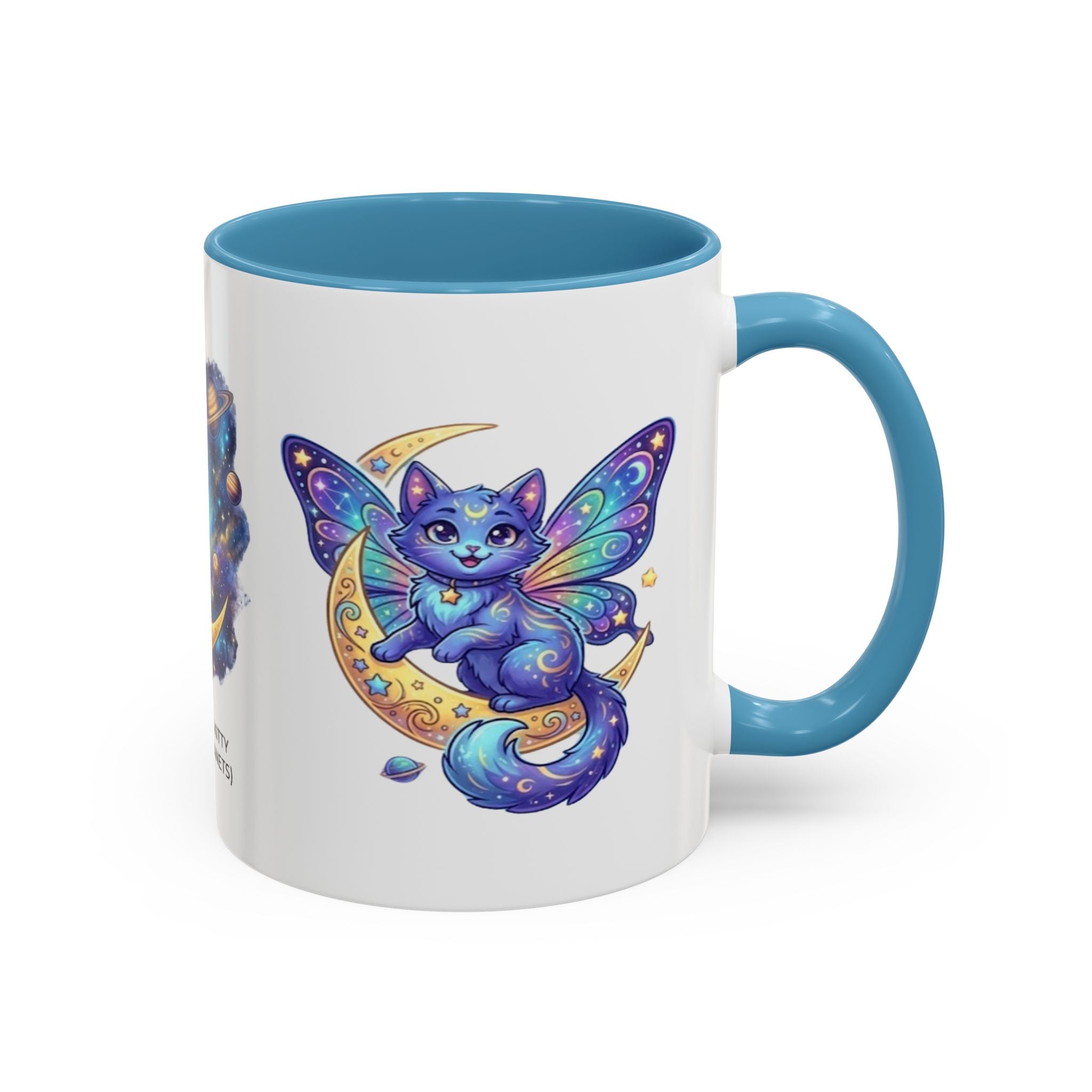 Cosmic Kitty Accent Coffee Mug — Magical Moon & Planets Cat Design (11/15oz)