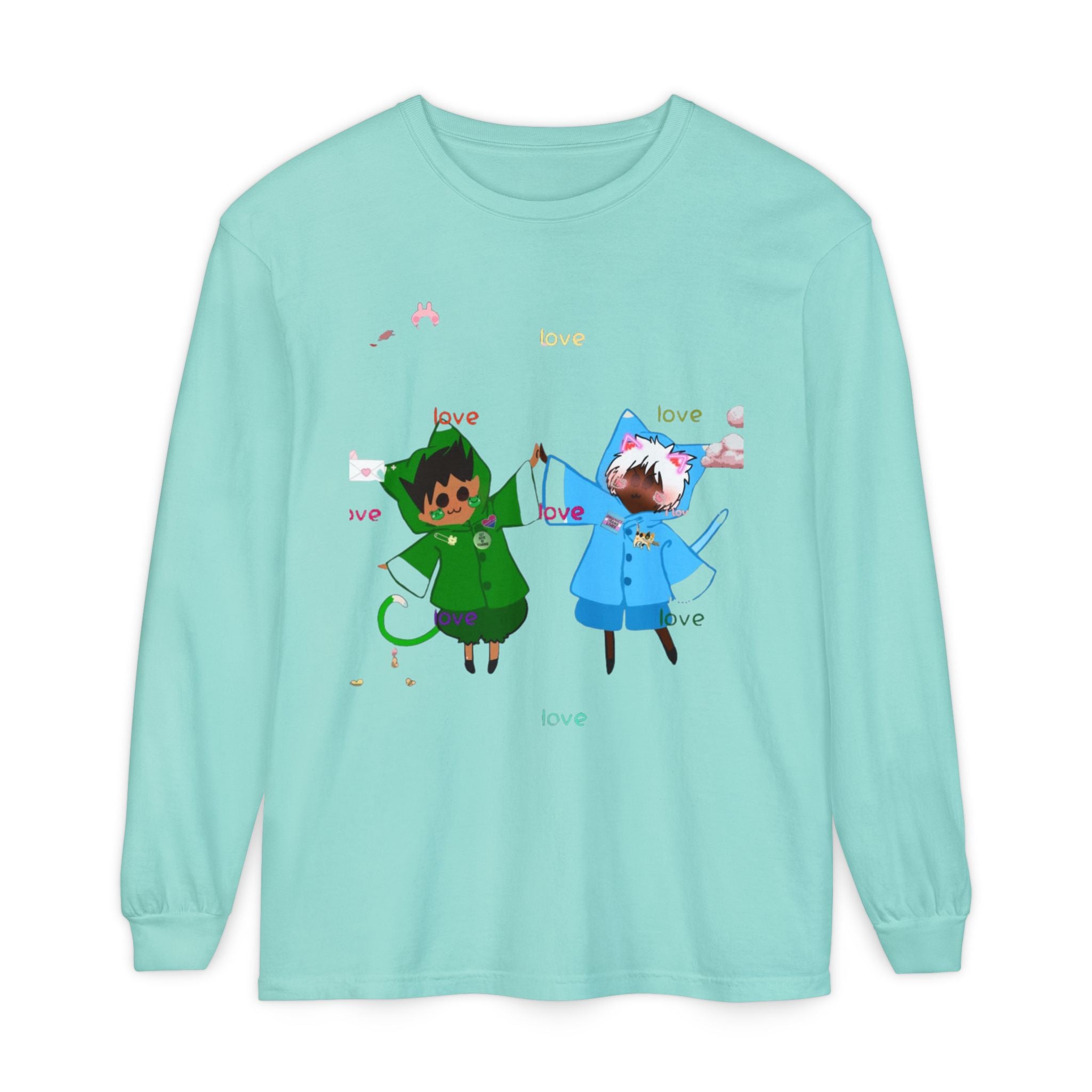 Cute Rainbow Cats Holding Hands Long Sleeve Tee – "Love" Graphic