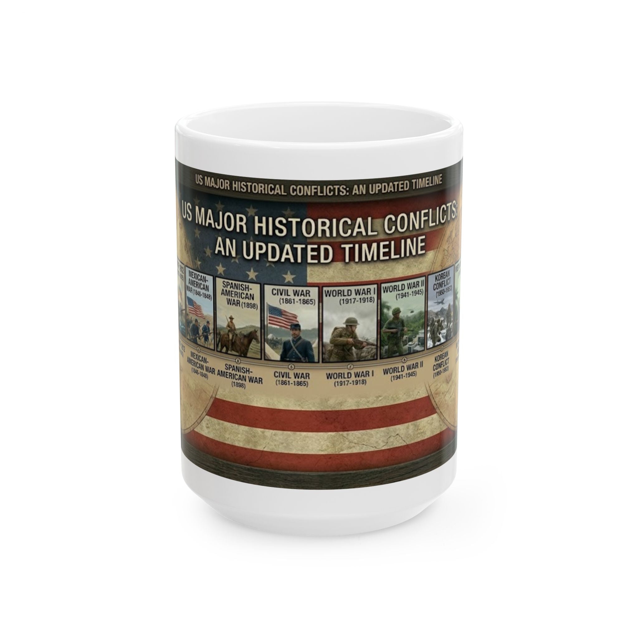 Historical Wars Timeline Ceramic Mug — Illustrated U.S. Conflicts Timeline (11oz, 15oz)