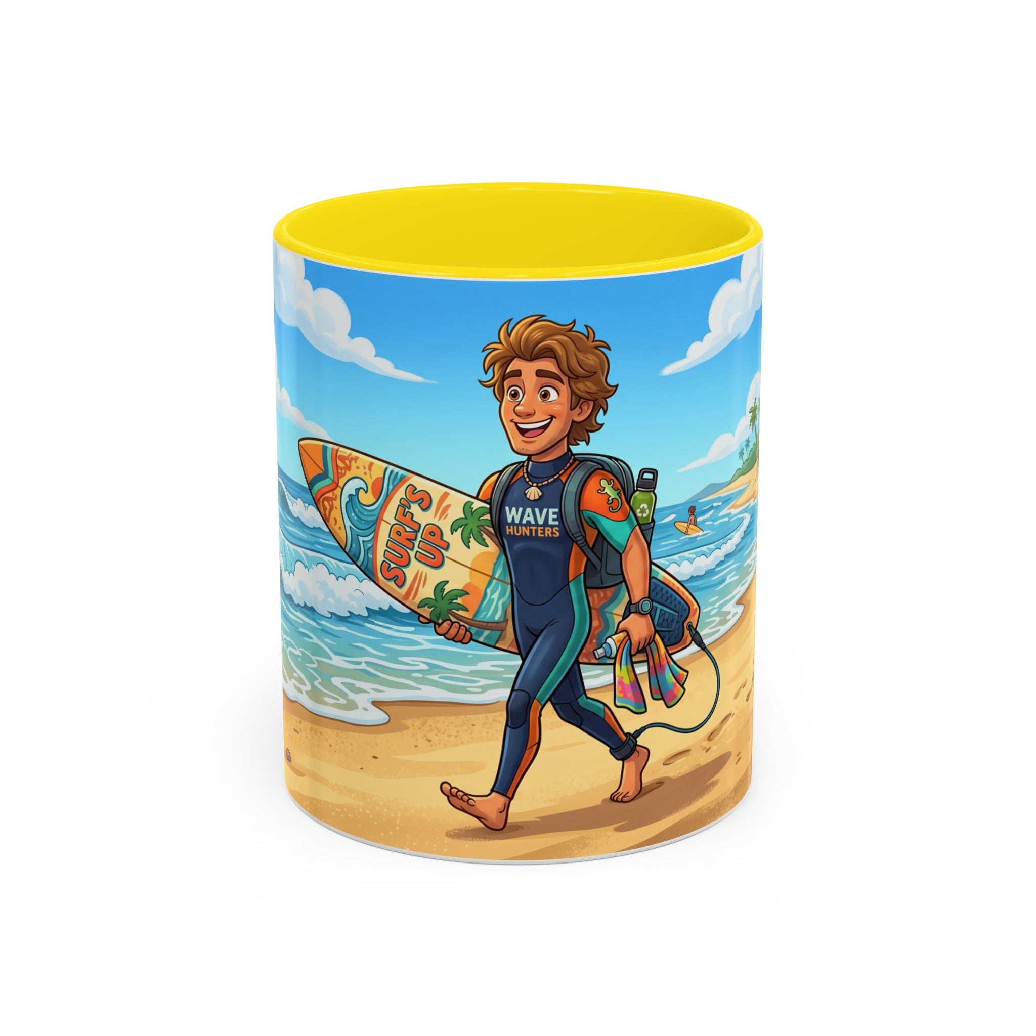 Surf Beach Coffee Mug — Cute Surfer Cartoon Design, 11/15oz Accent Mug