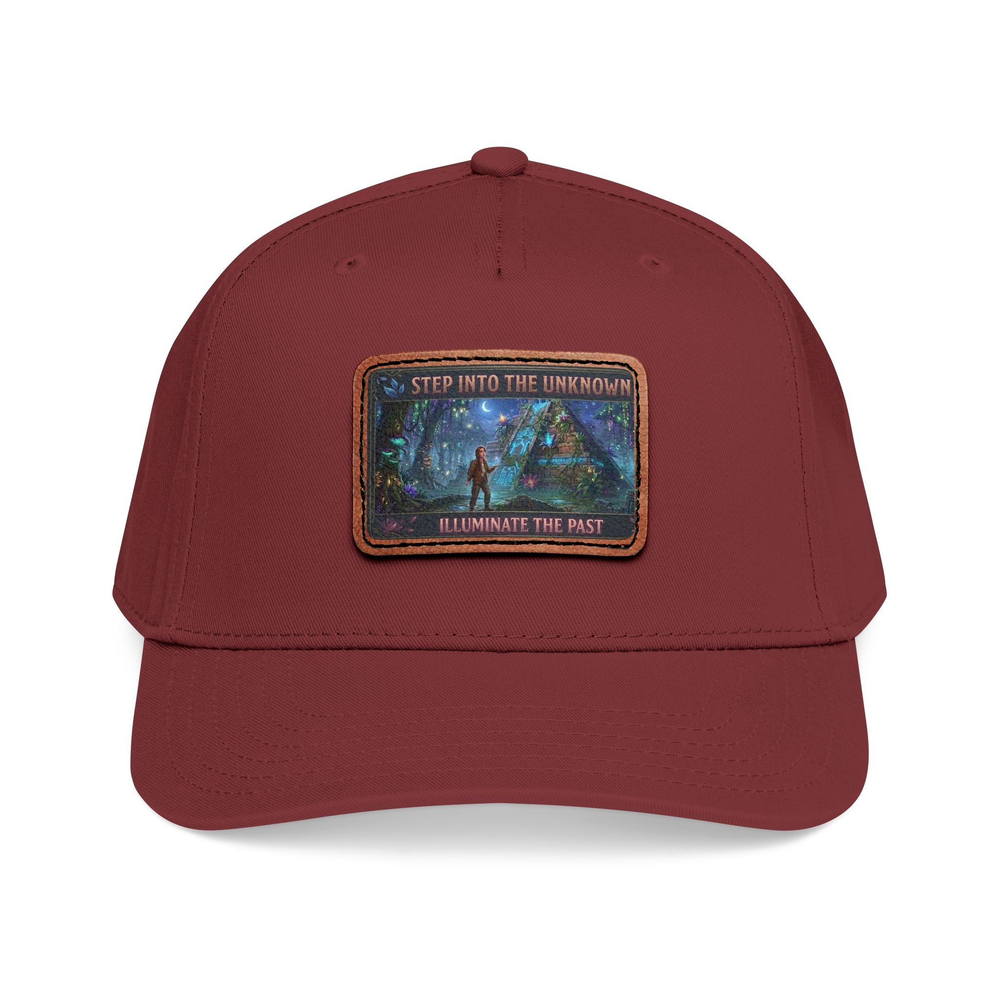 Leather Patch Baseball Cap — "Step Into the Unknown, Illuminate the Past" Forest Adventure Design