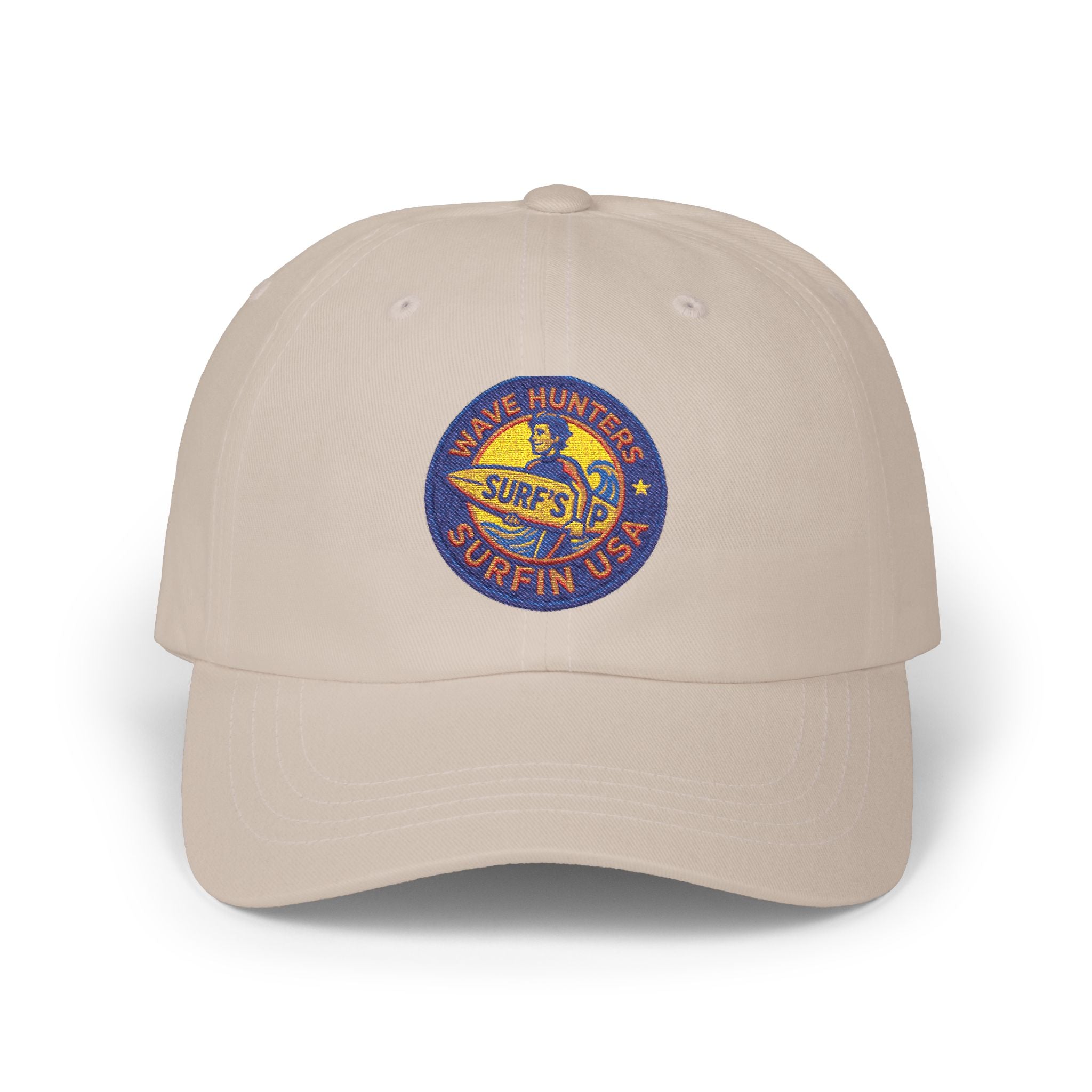 Dad Cap — Retro Surf Patch “Wave Hunter Surfin USA” Embroidered Baseball Hat