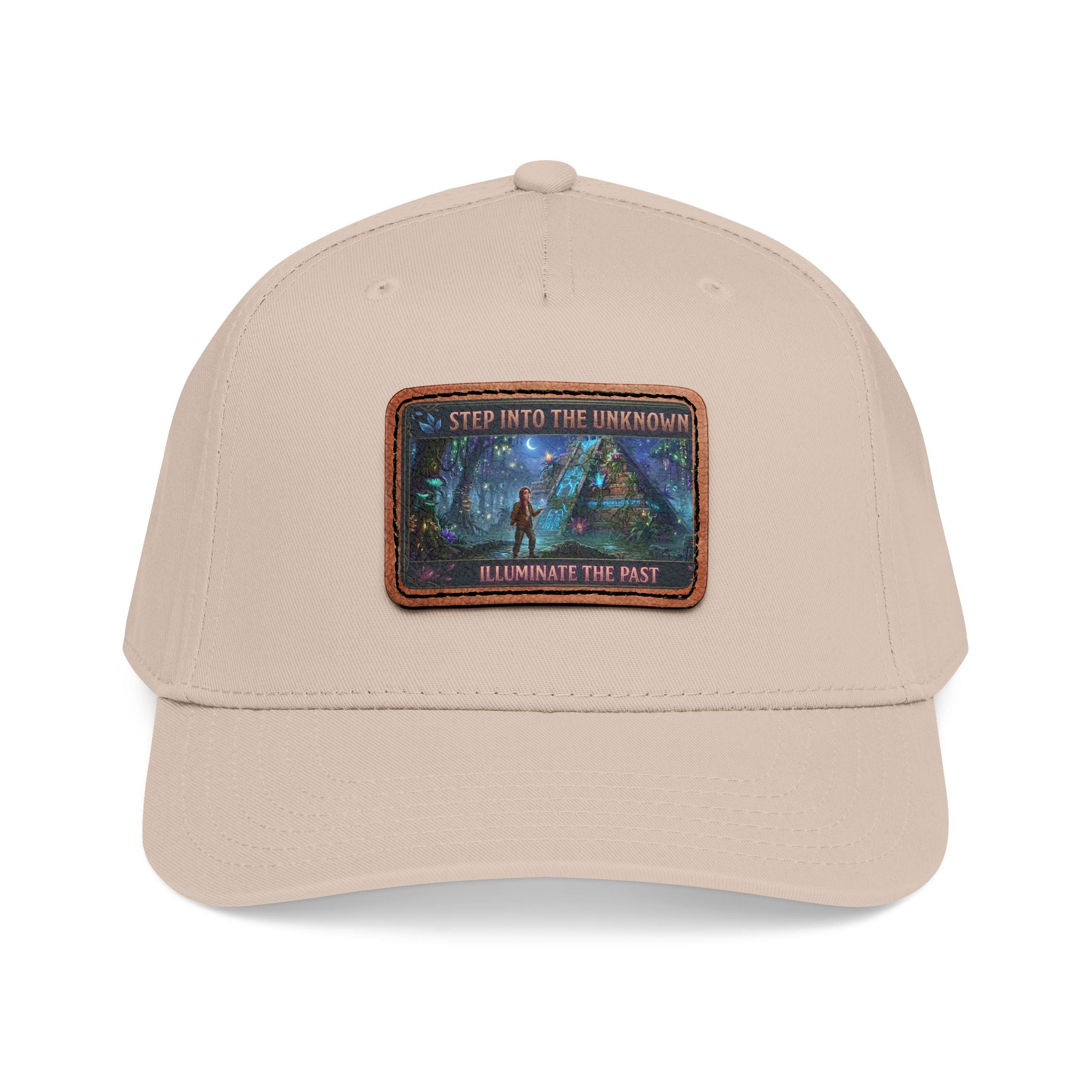 Leather Patch Baseball Cap — "Step Into the Unknown, Illuminate the Past" Forest Adventure Design