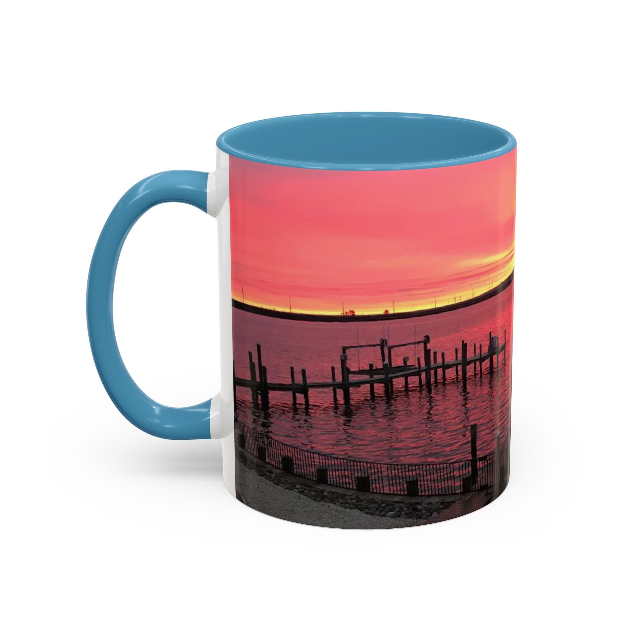 Sunset Harbor Accent Coffee Mug — Pink Sunrise Dock Scene (11/15oz)