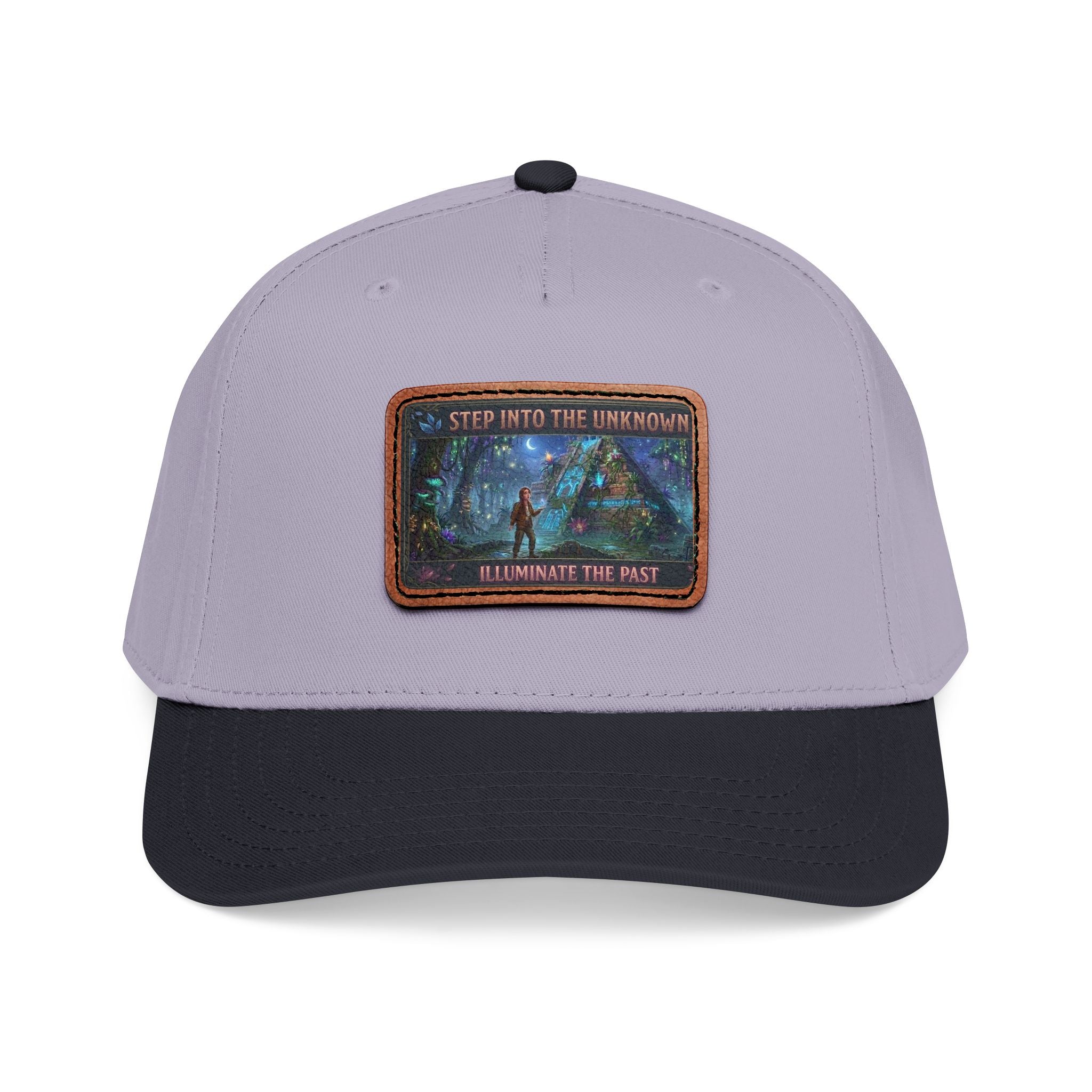 Leather Patch Baseball Cap — "Step Into the Unknown, Illuminate the Past" Forest Adventure Design