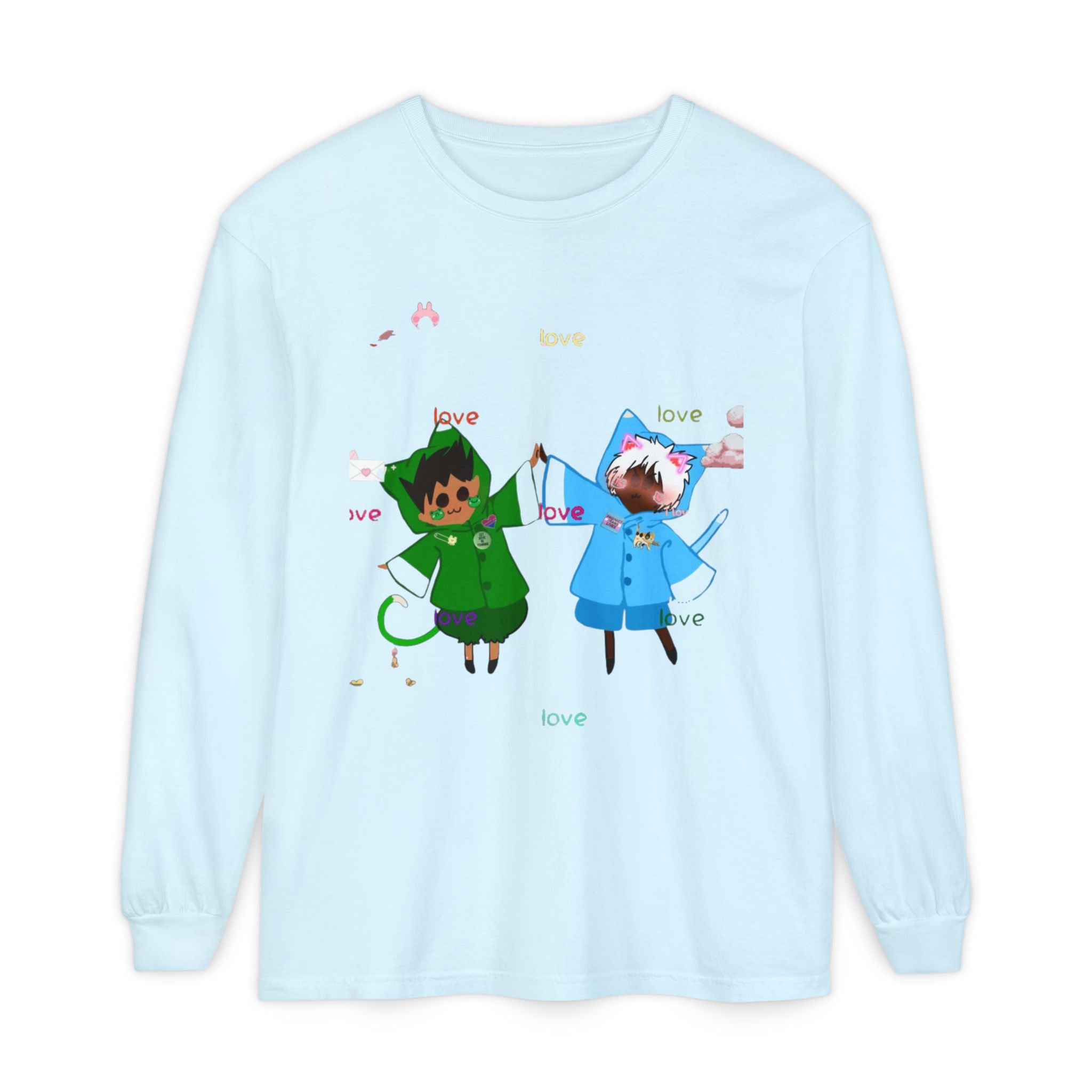 Cute Rainbow Cats Holding Hands Long Sleeve Tee – "Love" Graphic