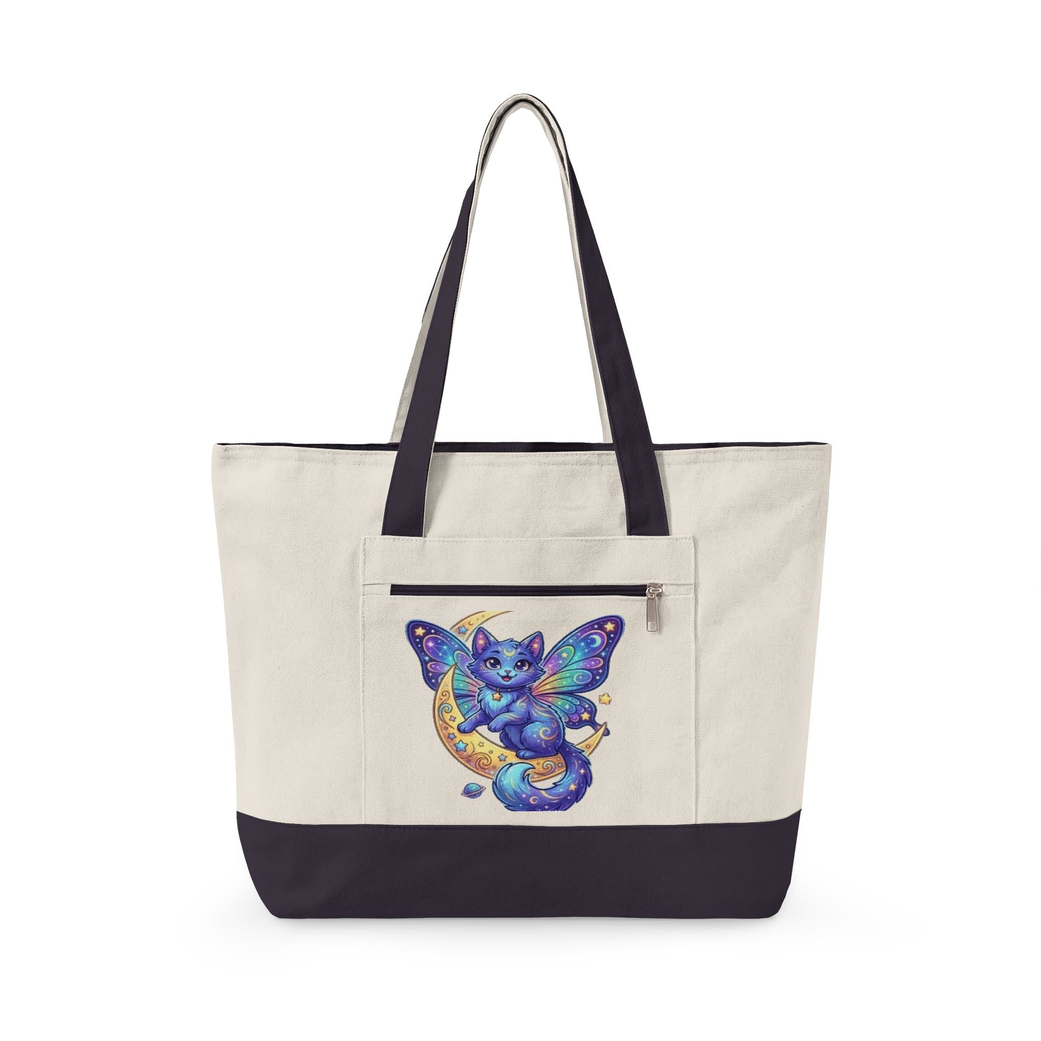 Canvas Tote Bag — Whimsical Moon Cat Butterfly Design