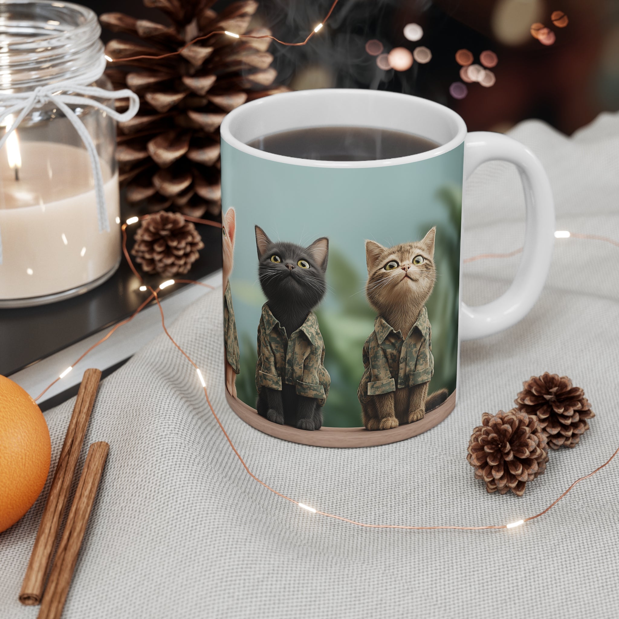 Cat Squad Ceramic Mug — Cute Kittens in Camouflage 11oz