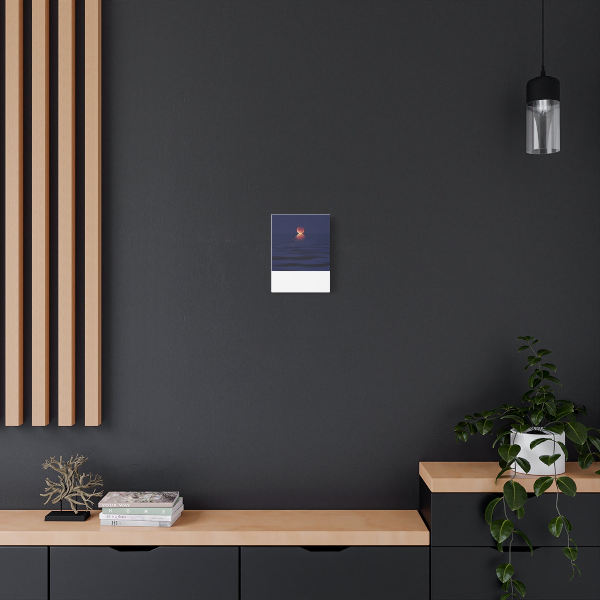 Lunar Reflection Canvas Art — Moonrise Over Calm Sea Stretched Matte Wall Art
