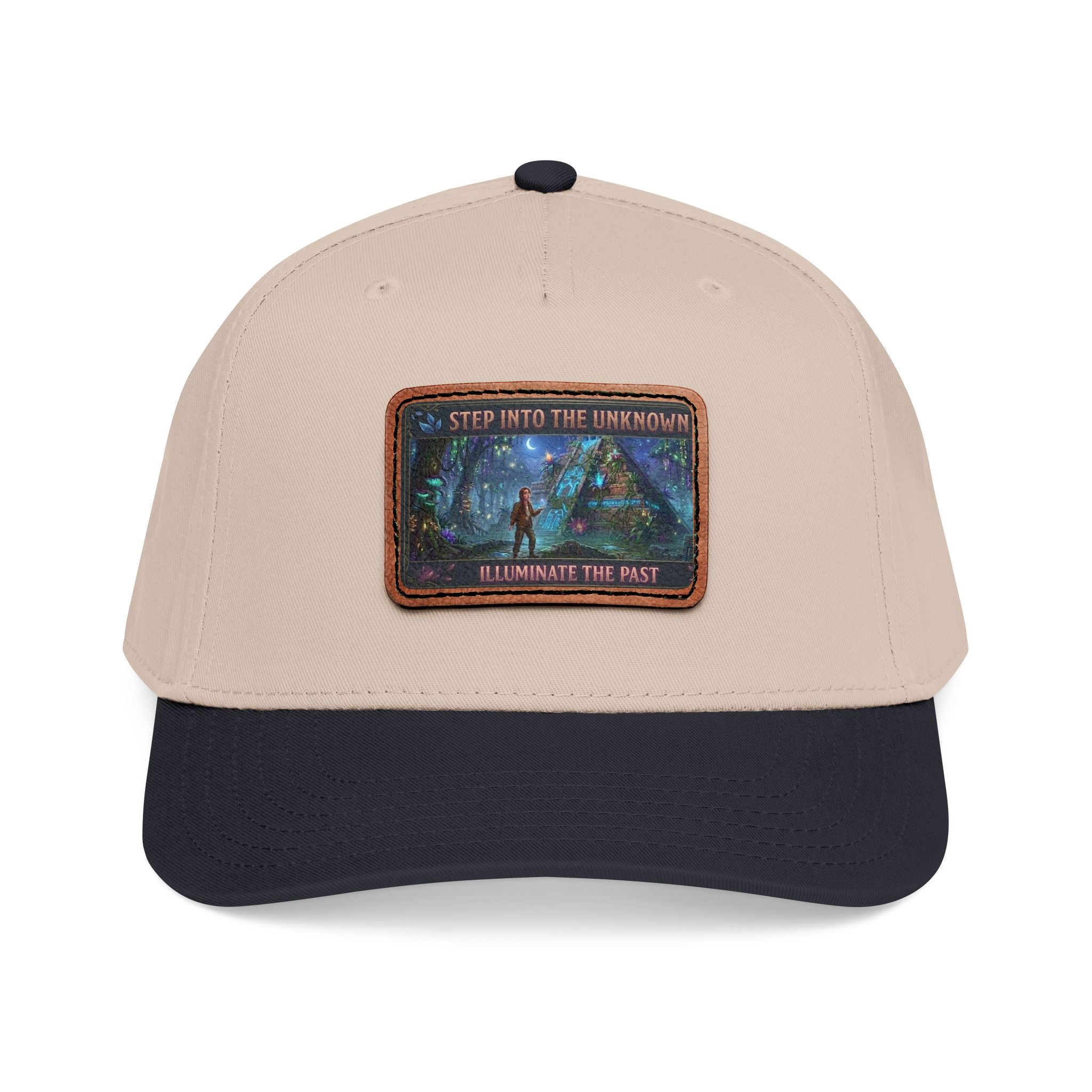 Leather Patch Baseball Cap — "Step Into the Unknown, Illuminate the Past" Forest Adventure Design
