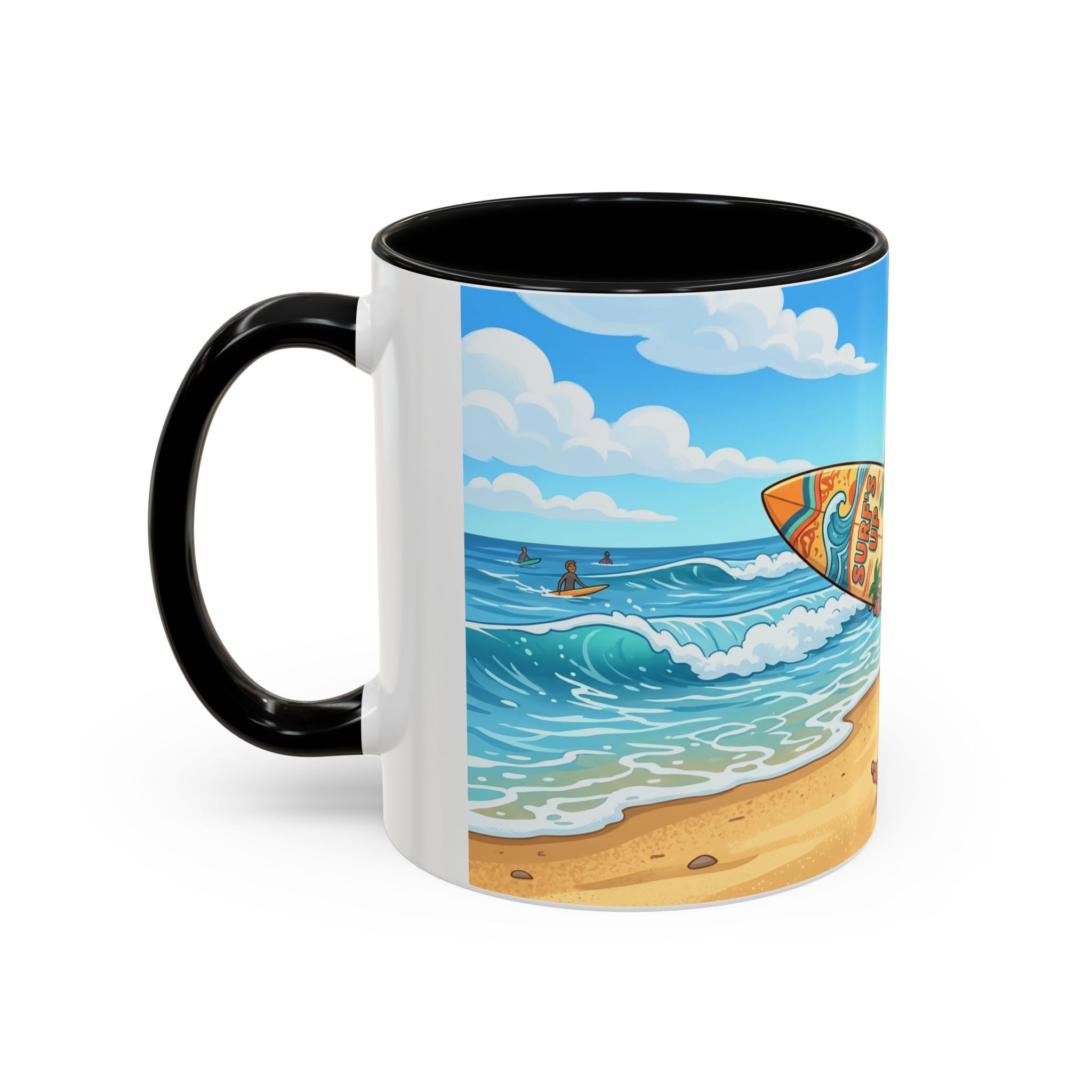 Surf Beach Coffee Mug — Cute Surfer Cartoon Design, 11/15oz Accent Mug