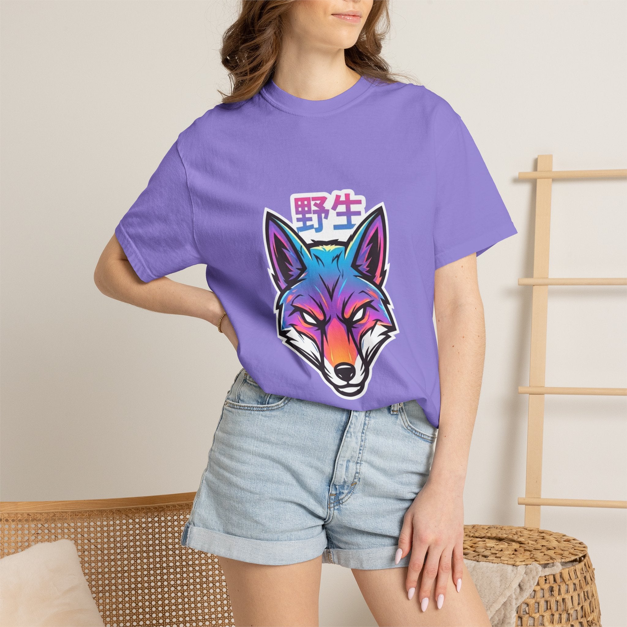 Neon Fox Graphic T-Shirt — Wild (野生) Japanese Kanji Tee