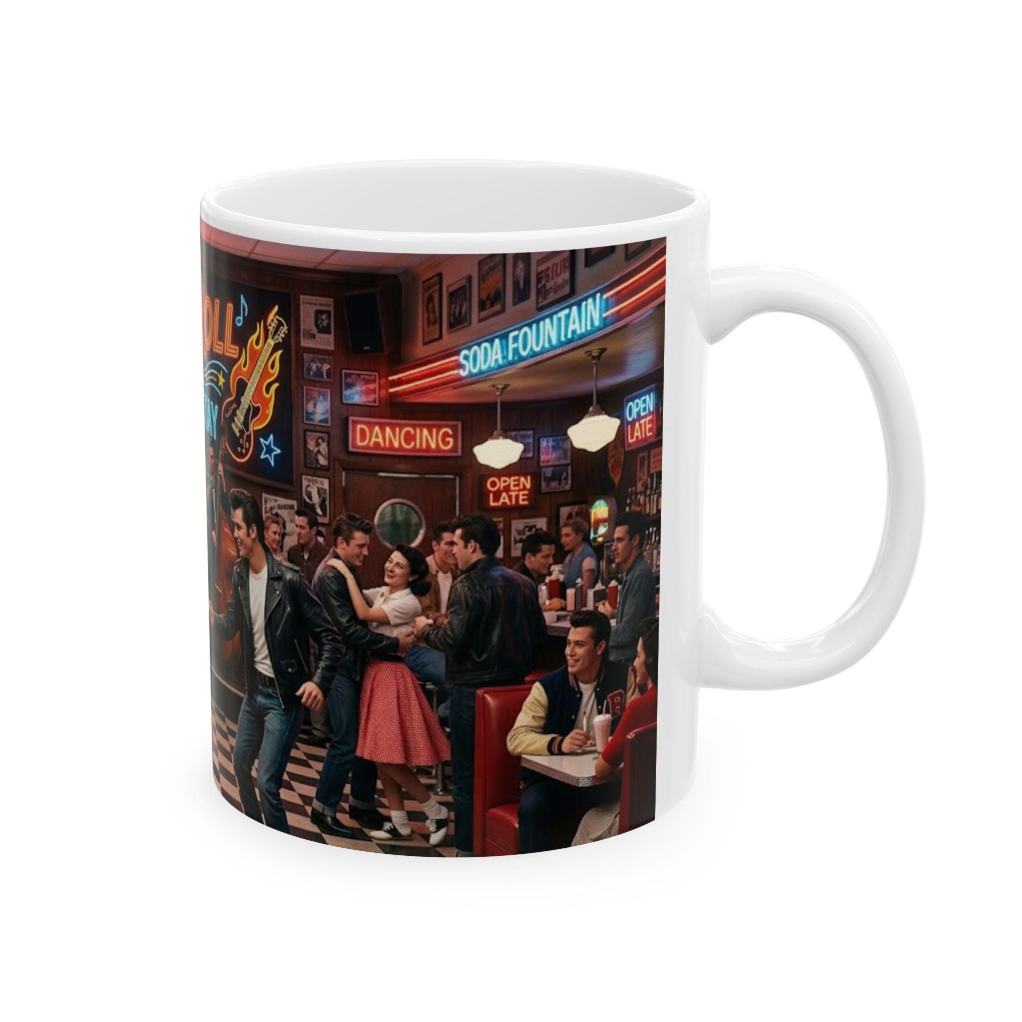 Rock and Roll Is Here to Stay Ceramic Mug — 11oz/15oz Retro 1950s Diner Design