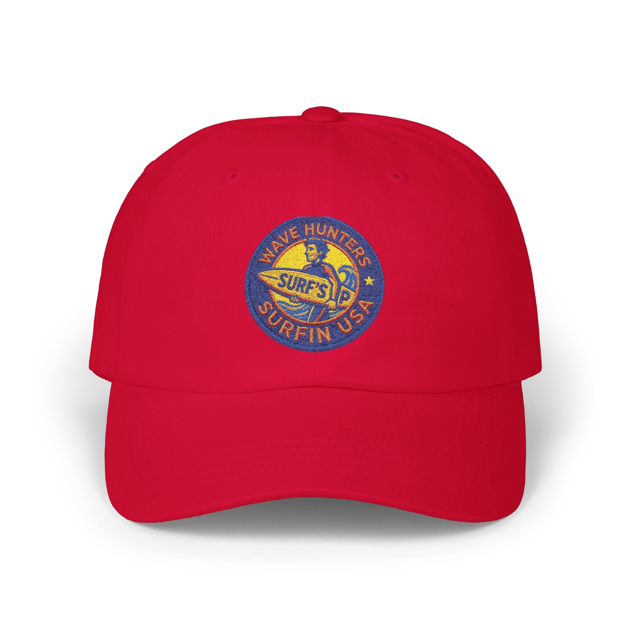 Dad Cap — Retro Surf Patch “Wave Hunter Surfin USA” Embroidered Baseball Hat