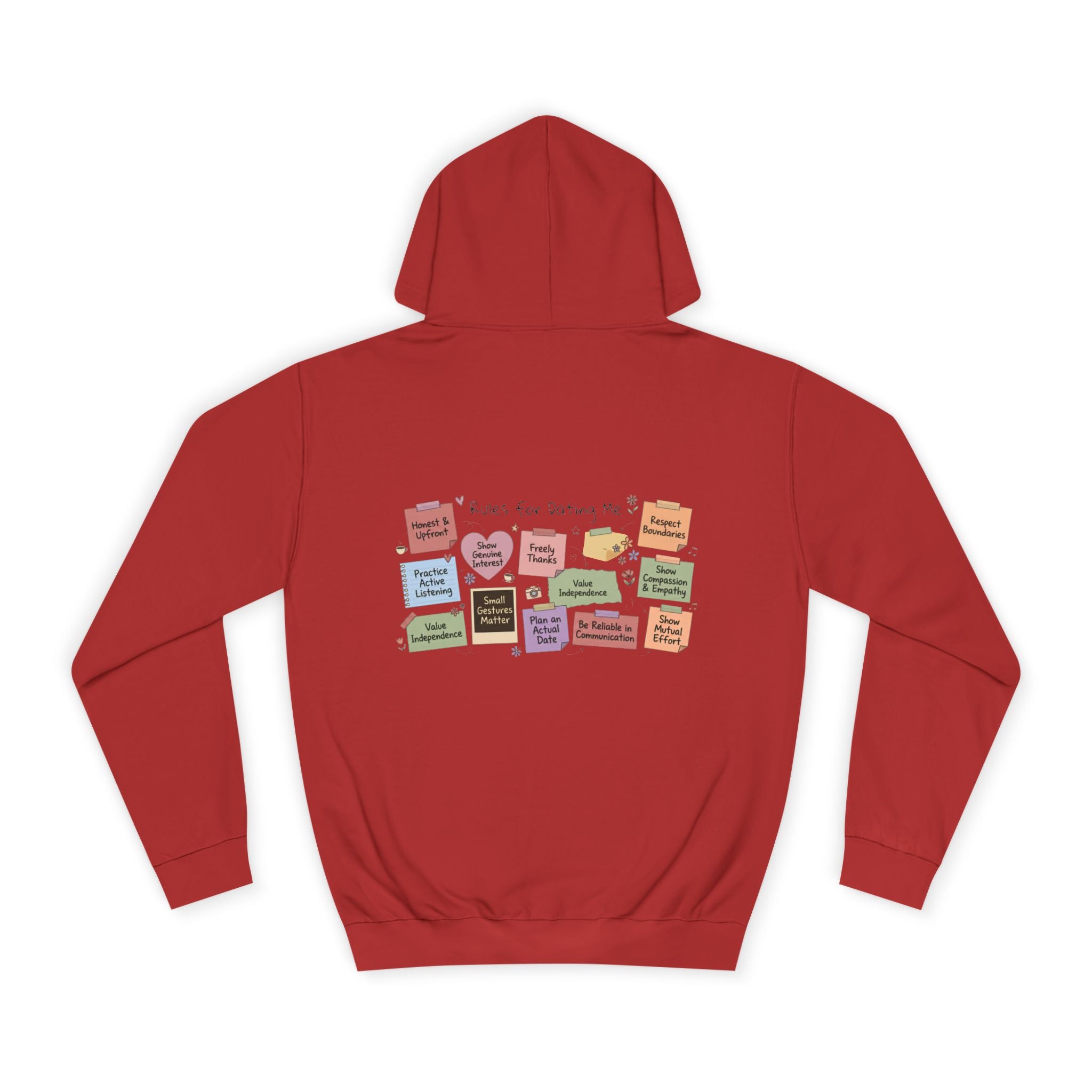 College Hoodie — Retro Sticky Notes Back Print, Cute Study Vibes