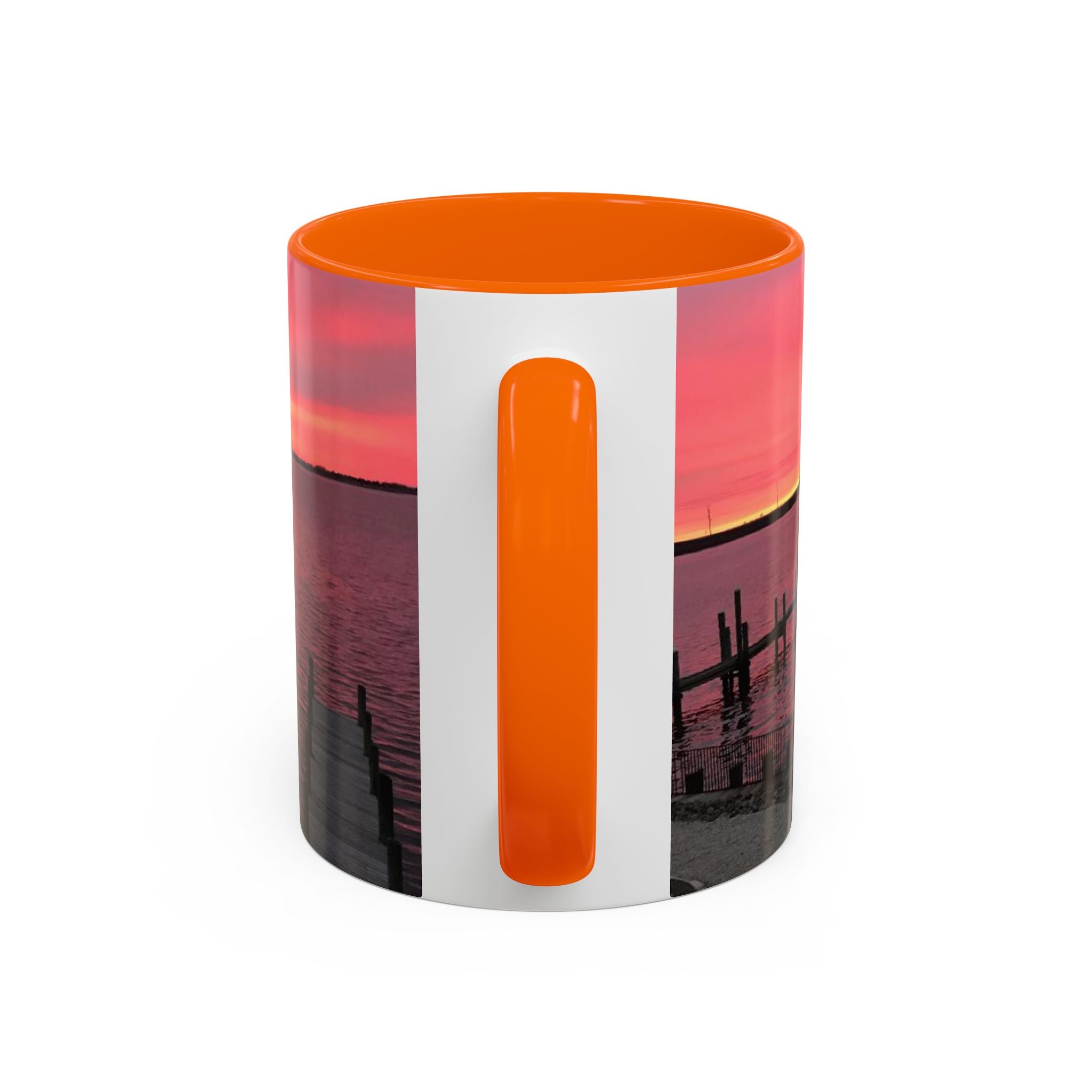 Sunset Harbor Accent Coffee Mug — Pink Sunrise Dock Scene (11/15oz)