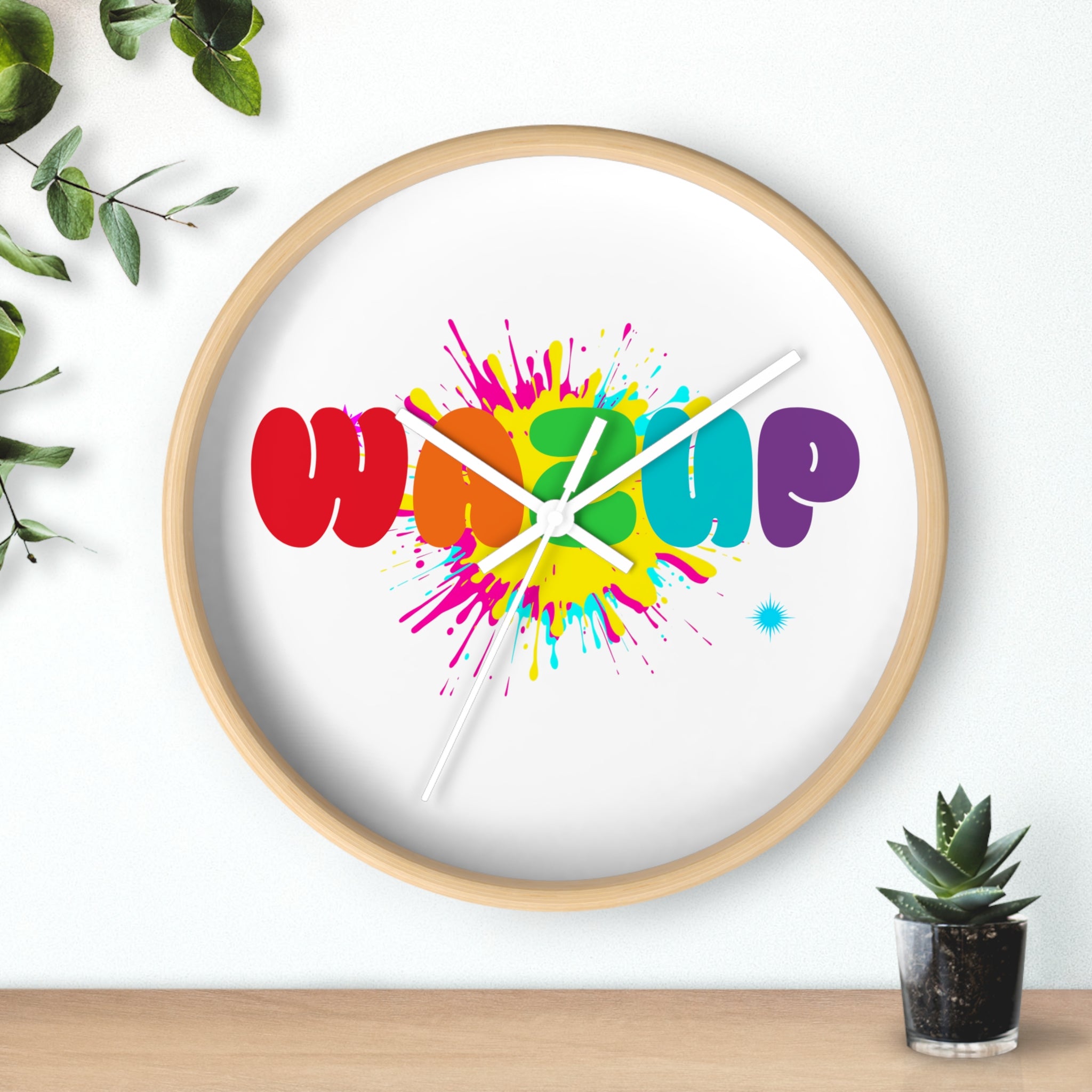 Wake Up Color Splash Wall Clock — Vibrant Rainbow Typography Home Decor