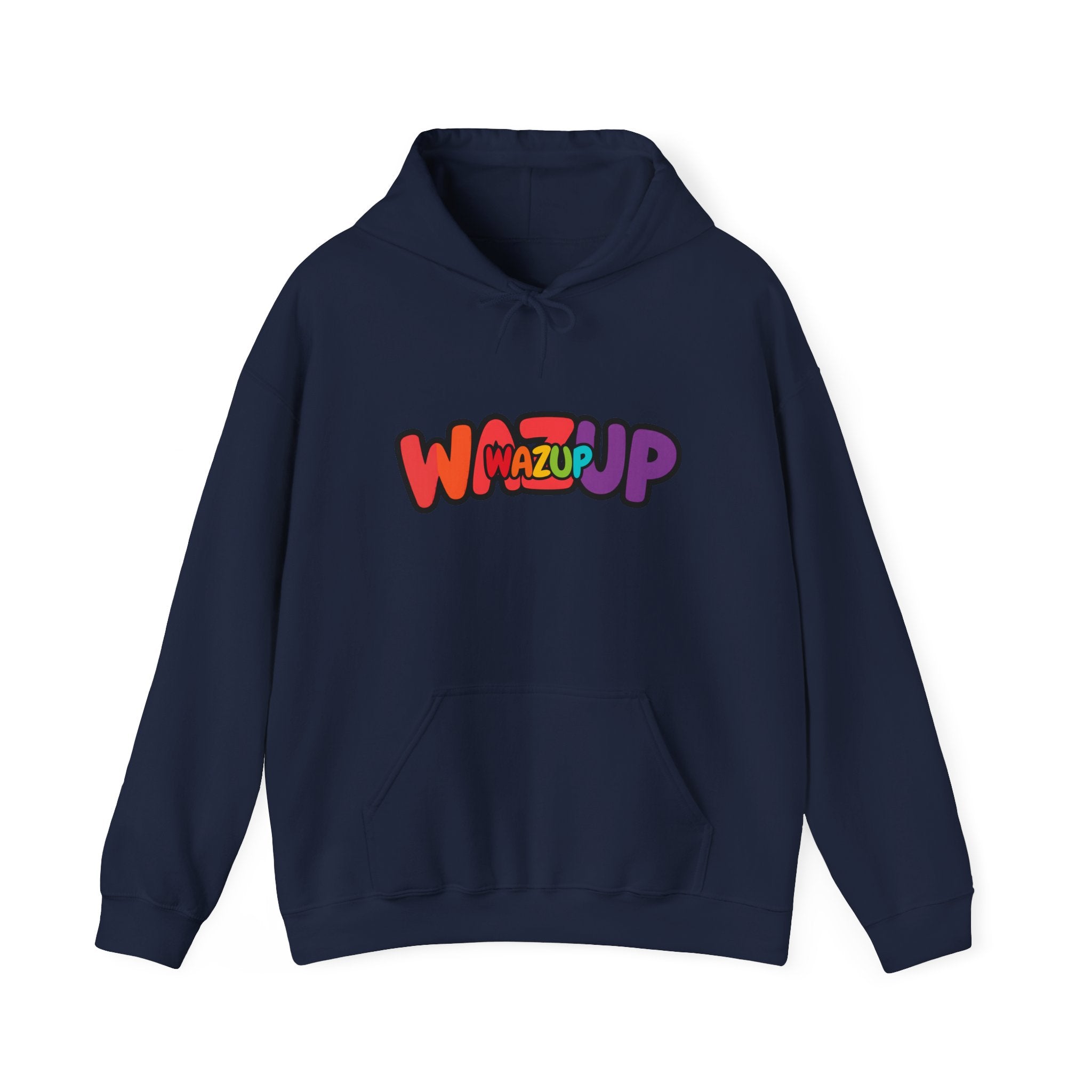 Wazup Rainbow Logo Hoodie — Colorful Retro Graphic Sweatshirt