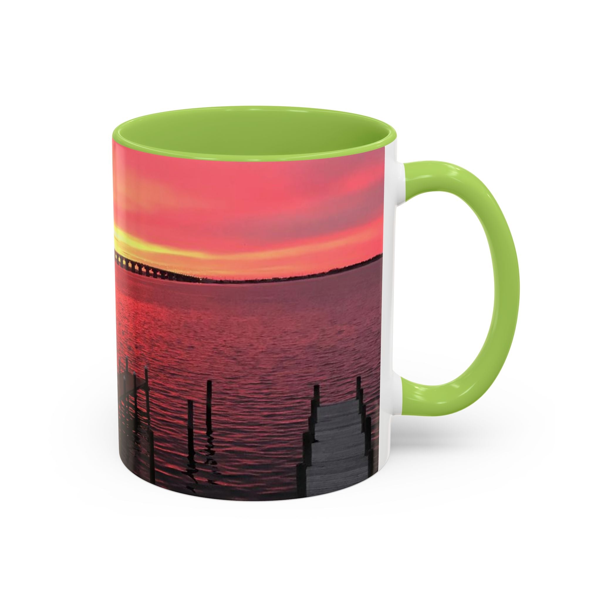 Sunset Harbor Accent Coffee Mug — Pink Sunrise Dock Scene (11/15oz)