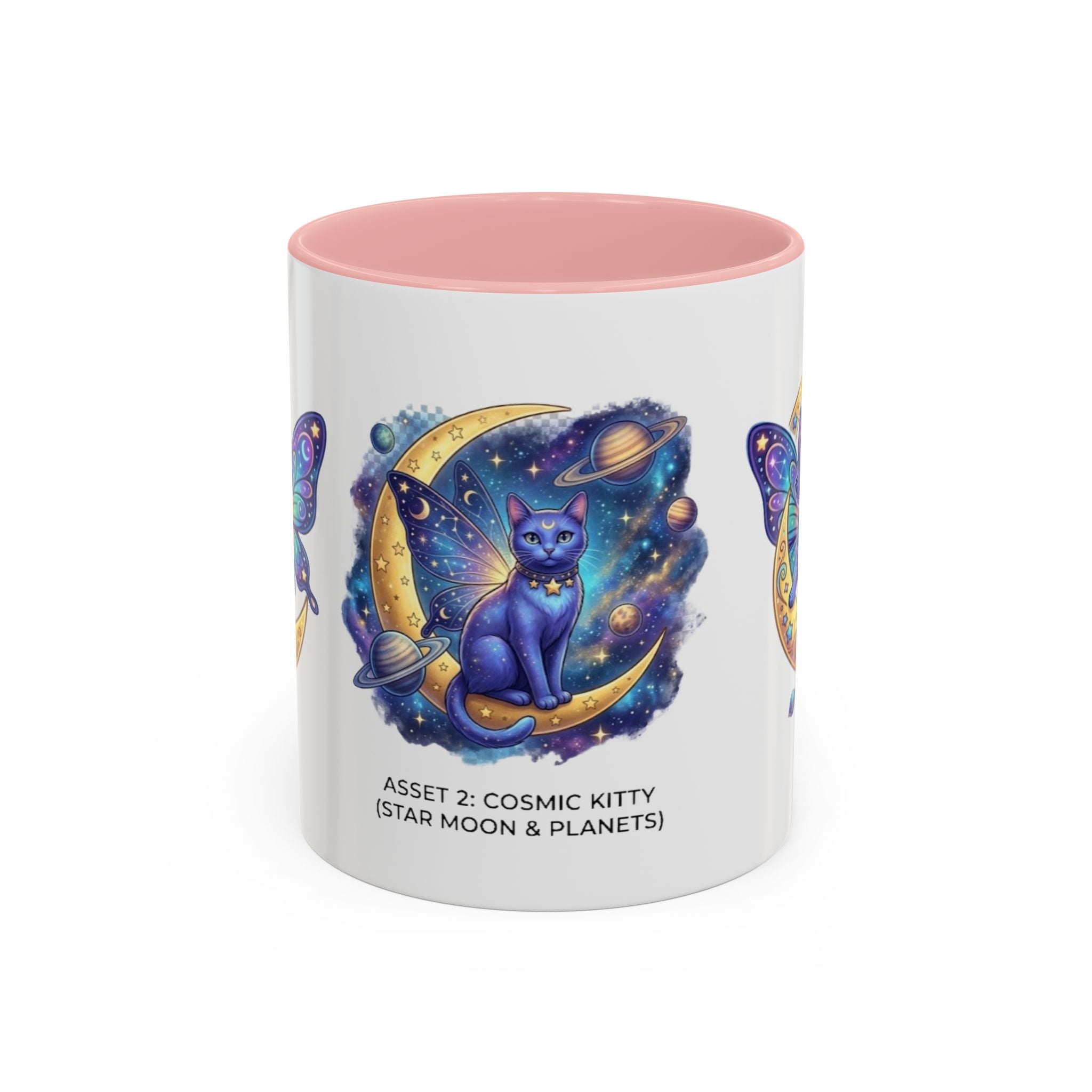 Cosmic Kitty Accent Coffee Mug — Magical Moon & Planets Cat Design (11/15oz)
